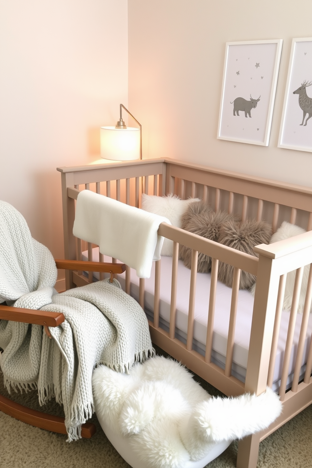 A cozy winter nursery setting. The room features a soft, neutral color palette with a comfortable crib adorned with faux fur throw pillows for added warmth and texture. A plush rocking chair sits in the corner, draped with a knitted blanket. The walls are decorated with whimsical animal prints, and a warm glow emanates from a stylish floor lamp.