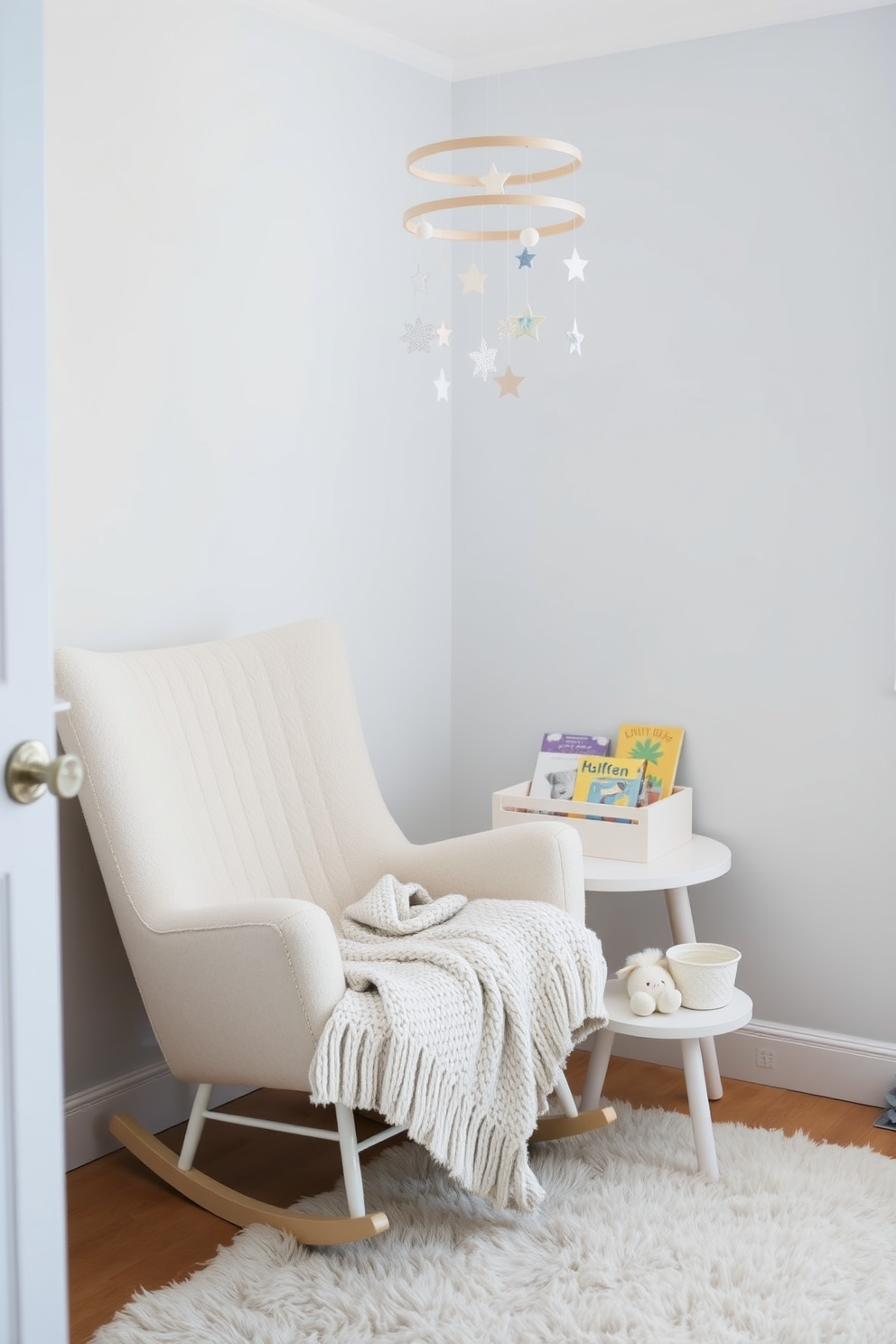 A cozy corner in a winter nursery designed for gentle lullaby music. Soft pastel colors dominate the space, with a plush rocking chair adorned with a knitted throw blanket and a small side table holding a collection of children's books. A whimsical mobile hangs above, featuring delicate snowflakes and stars, gently swaying in the soft light. The walls are painted in a serene light blue, and a fluffy area rug provides a warm spot for playtime on the floor.