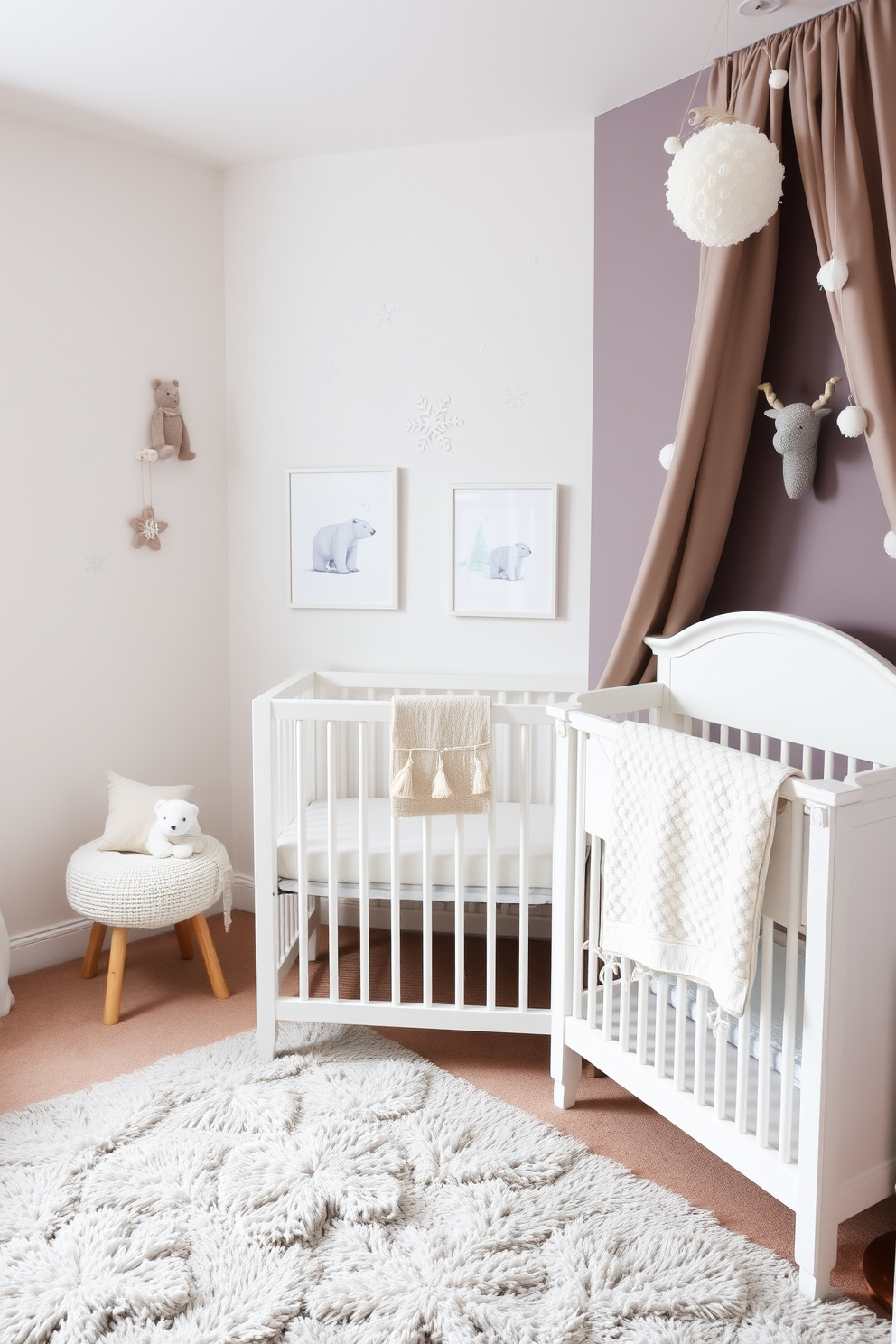 A cozy winter-themed nursery adorned with soft pastel colors. The walls are decorated with charming artwork featuring snowflakes, polar bears, and gentle winter scenes. Delicate prints hang in simple frames, adding a touch of whimsy to the space. A plush area rug in muted tones complements the overall winter aesthetic.