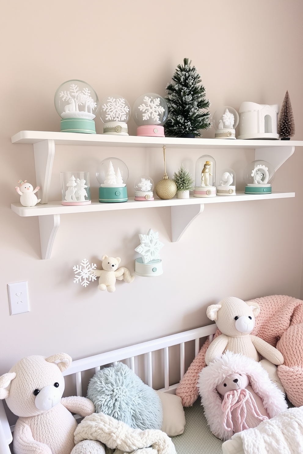 A cozy winter nursery featuring shelves adorned with decorative snow globes of various sizes and designs. Soft pastel colors dominate the walls, while plush toys and blankets create a warm and inviting atmosphere.