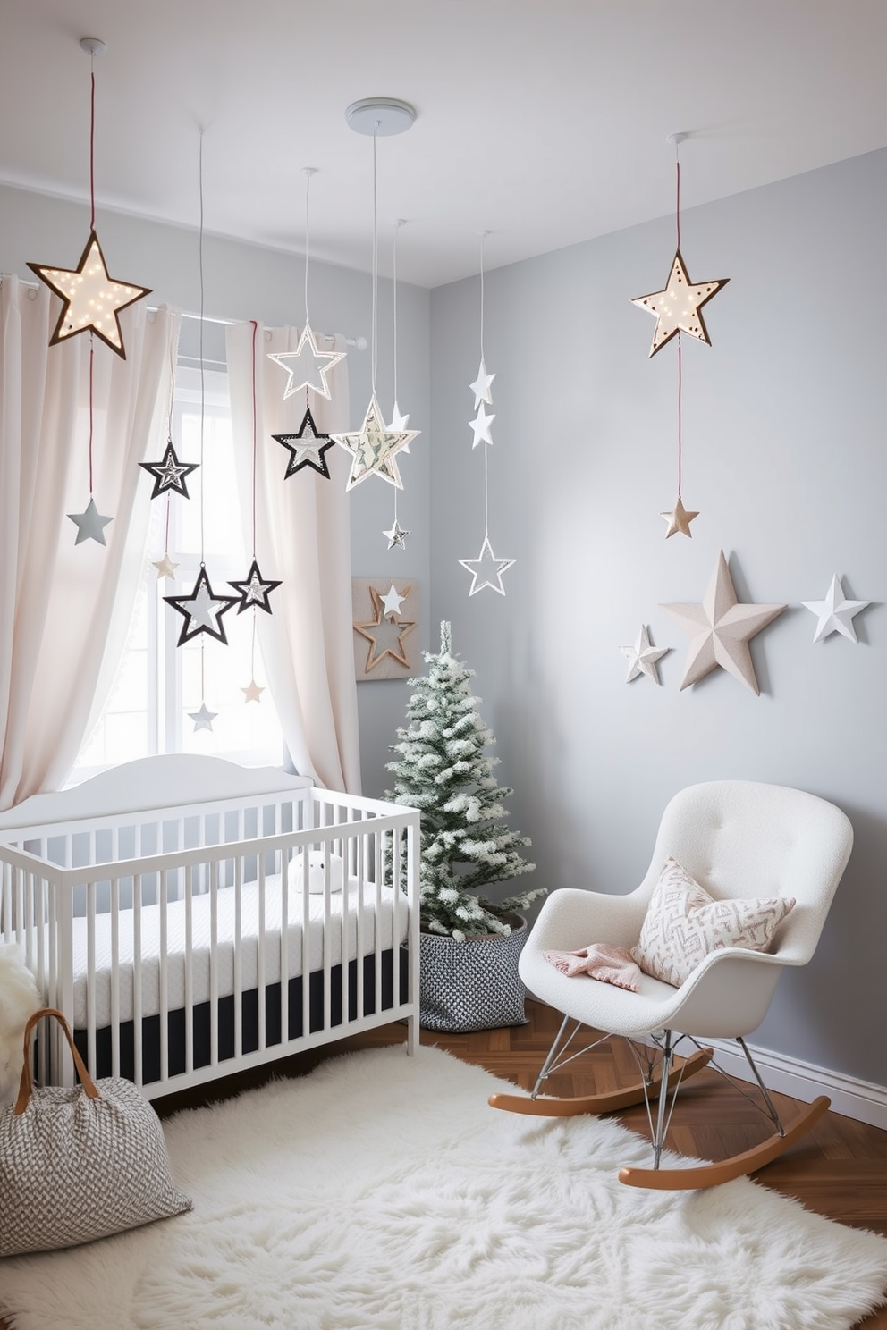 A cozy winter nursery adorned with hanging star mobiles creates a magical atmosphere for dreamy nights. Soft pastel colors dominate the walls, complemented by a plush white rug and a comfortable rocking chair in the corner.