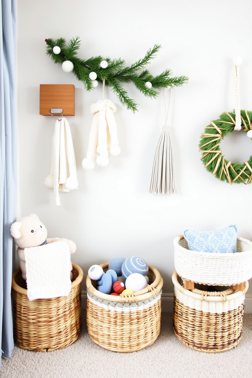 Create a cozy winter nursery with a soft color palette featuring pale blues and whites. Incorporate baskets made of natural fibers for organized toy storage, placed neatly in a corner to keep the space tidy and inviting.