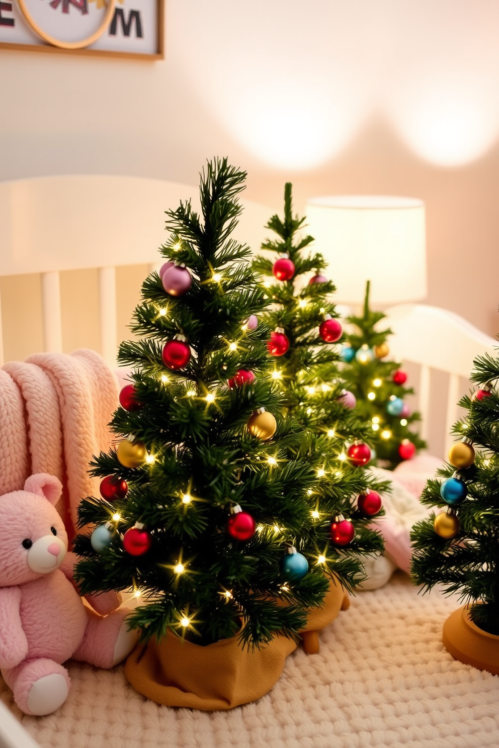 Miniature Christmas trees adorned with twinkling lights and colorful ornaments create a festive atmosphere in a cozy winter nursery. Soft plush toys and warm blankets complement the trees, while a gentle glow from a nearby lamp enhances the cheerful ambiance.