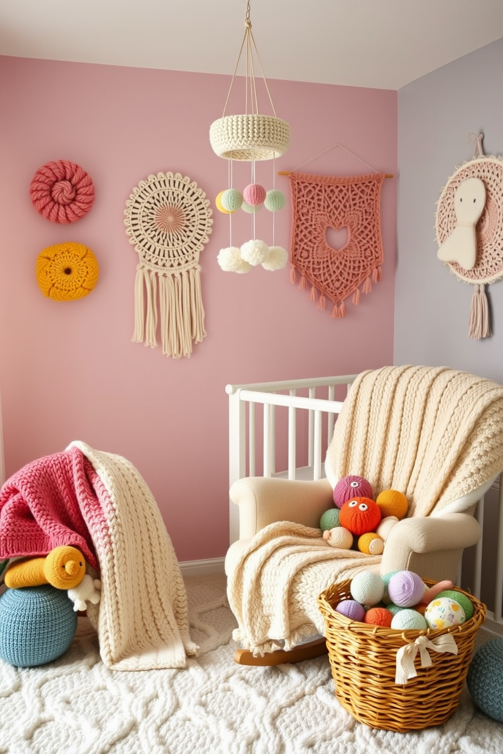 A cozy winter nursery adorned with knitted items to create a warm atmosphere. Soft knitted blankets drape over a plush rocking chair, while knitted wall hangings add texture to the pastel-colored walls. A knitted mobile hangs gently above the crib, featuring soft shapes that complement the nursery's color scheme. A basket filled with colorful knitted toys sits in the corner, inviting playfulness and comfort.