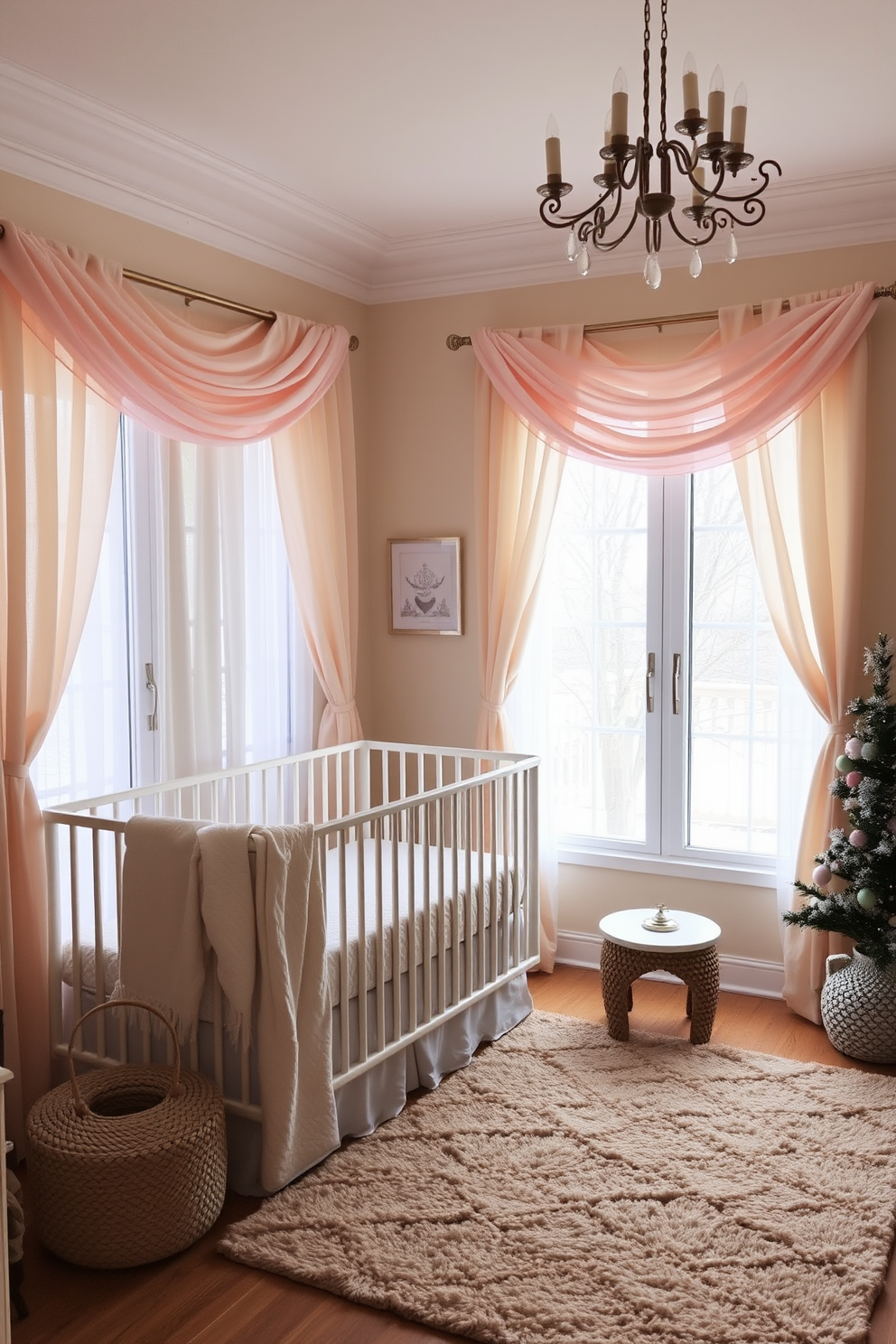 A cozy winter nursery adorned with soft pastel curtains that filter gentle light into the room. The walls are painted in a soft cream color, and a plush area rug in muted tones adds warmth to the space.