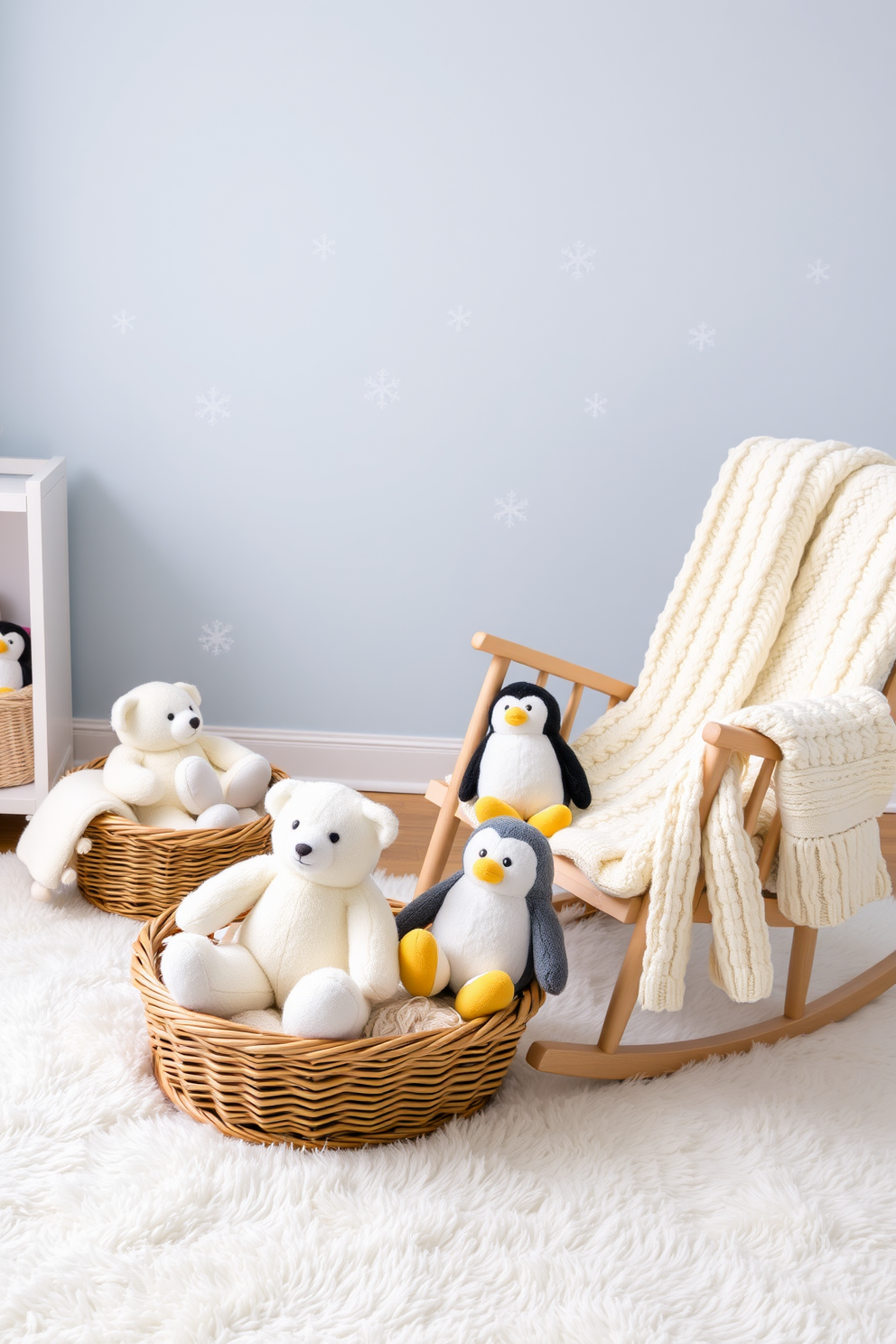 Adorable winter-themed stuffed animals are arranged on a soft white rug, creating a cozy and inviting atmosphere. The nursery features a pastel blue accent wall adorned with snowflake decals, enhancing the winter wonderland theme. Plush polar bears and fluffy penguins sit in a wicker basket, adding charm and warmth to the space. A knitted throw blanket drapes over the rocking chair, inviting parents to snuggle with their little ones on chilly winter nights.