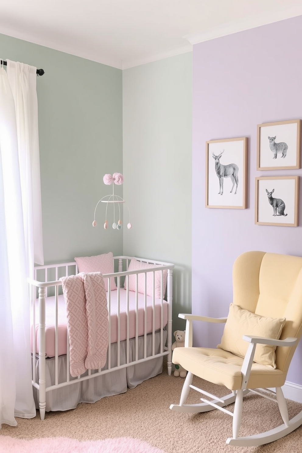 Soft pastel color palettes create a serene atmosphere in a winter nursery. The walls are painted in a gentle mint green, complemented by a light lavender accent wall, with cozy white curtains framing the windows. A plush crib dressed in soft pink bedding sits against the wall, while a comfortable rocking chair in pale yellow adds a touch of warmth. Decorative elements include a whimsical mobile hanging above the crib and framed animal prints in pastel hues adorning the walls.