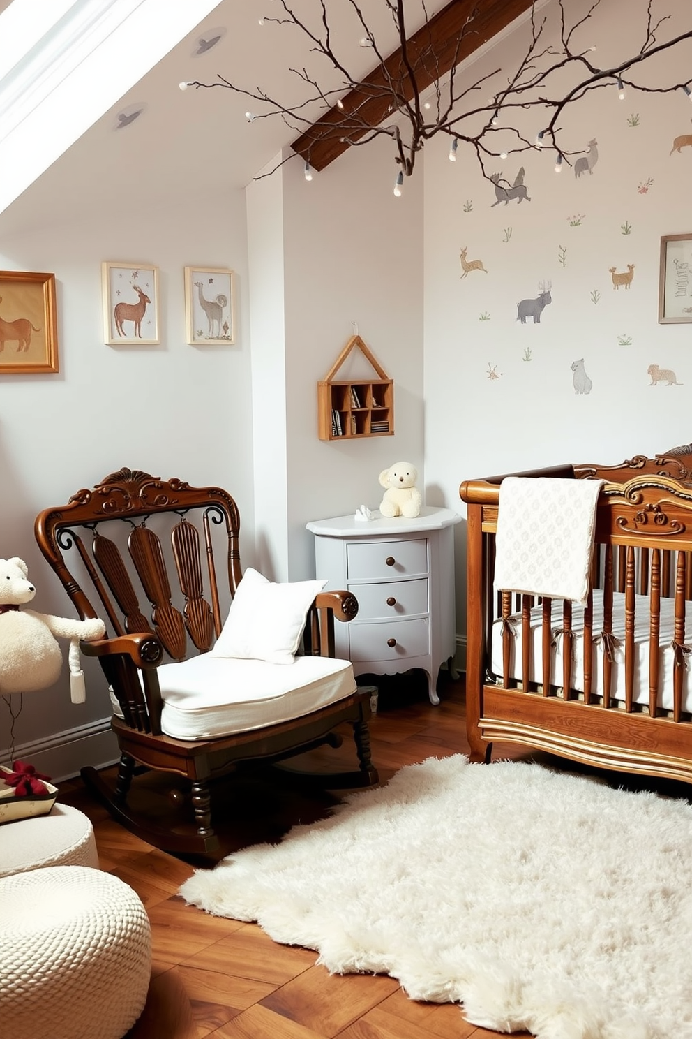 A cozy winter nursery filled with vintage-inspired furniture that exudes charm. A beautifully crafted rocking chair sits in the corner, upholstered in soft pastel fabric, alongside a wooden crib with intricate carvings. The walls are adorned with whimsical animal prints, and a plush area rug adds warmth to the space. Delicate fairy lights twinkle above, creating a serene atmosphere perfect for nurturing and comfort.