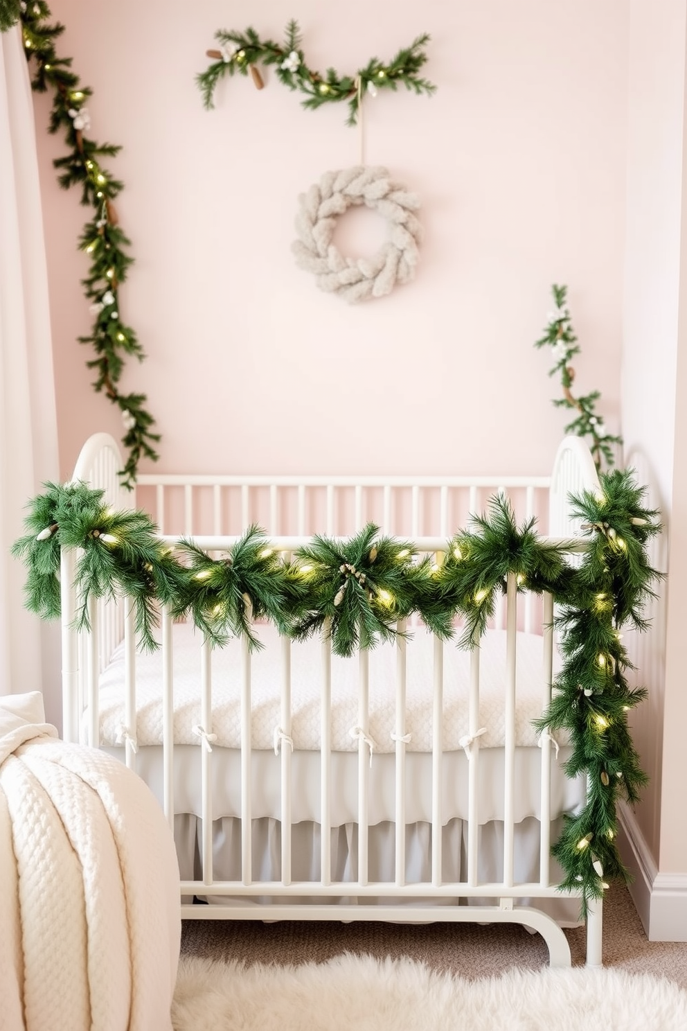 A cozy winter nursery features a soft crib adorned with a delicate seasonal garland draped above it. The walls are painted a soothing pale blue, and plush white bedding complements the serene atmosphere.