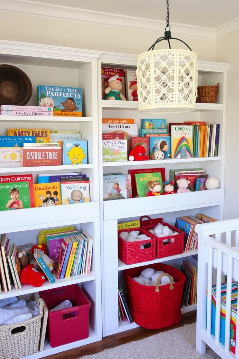 A cozy winter nursery filled with colorful bookshelves that invite storytime adventures. The shelves are filled with an array of vibrant children's books, plush toys, and decorative baskets, creating a playful and inviting atmosphere.