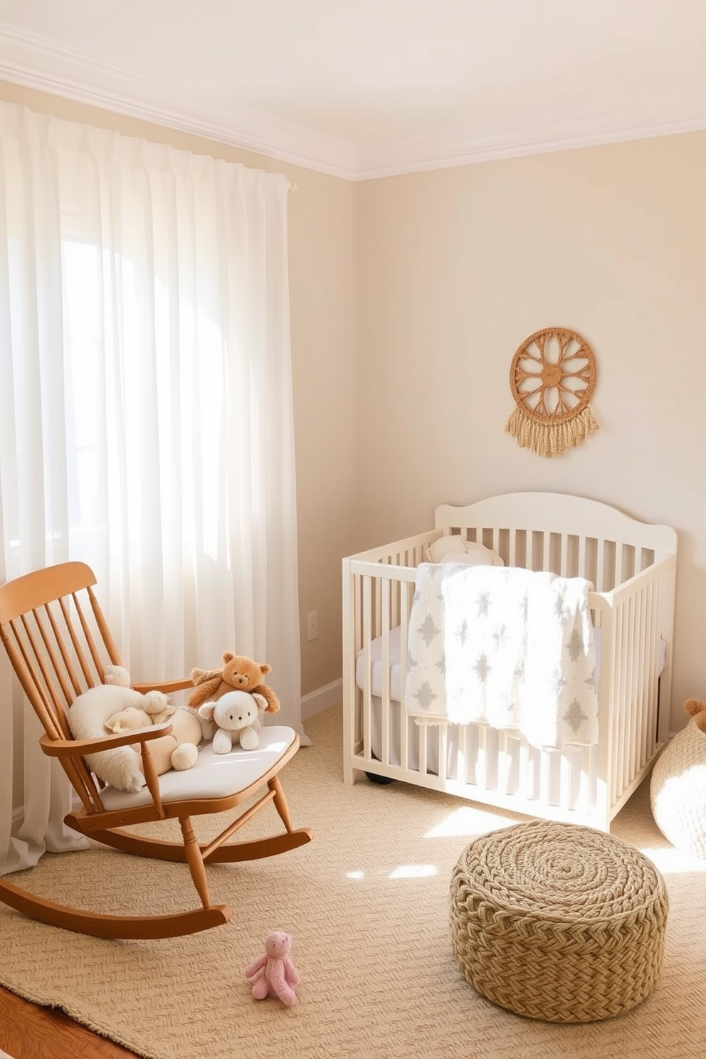 A cozy winter nursery filled with soft textures and warm colors. The room features a plush rocking chair draped with a knitted blanket, and a crib adorned with warm colored accent pillows for comfort. The walls are painted in a gentle pastel shade, creating a serene atmosphere. A whimsical mobile hangs above the crib, and a soft area rug adds warmth to the hardwood floor.