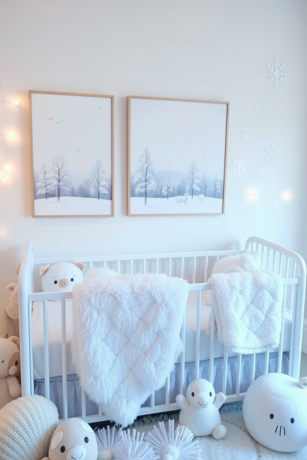 Creative wall art with winter motifs. The artwork features serene landscapes of snow-covered trees and playful animals, all in soft pastel colors to create a cozy atmosphere. Winter nursery decorating ideas. The nursery is adorned with fluffy white blankets, plush toys, and gentle lighting, complemented by wall decals of snowflakes and winter animals for a whimsical touch.