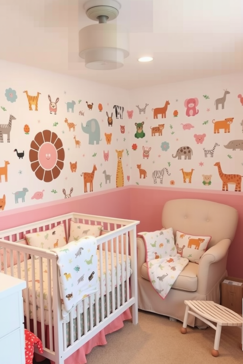 A whimsical nursery featuring playful animal prints on the walls creates a joyful atmosphere. Soft pastel colors complement the vibrant designs, making it a perfect space for little ones to explore and dream. The room includes a cozy crib adorned with plush bedding that matches the animal theme. A comfortable rocking chair sits in the corner, inviting parents to cuddle and read bedtime stories.