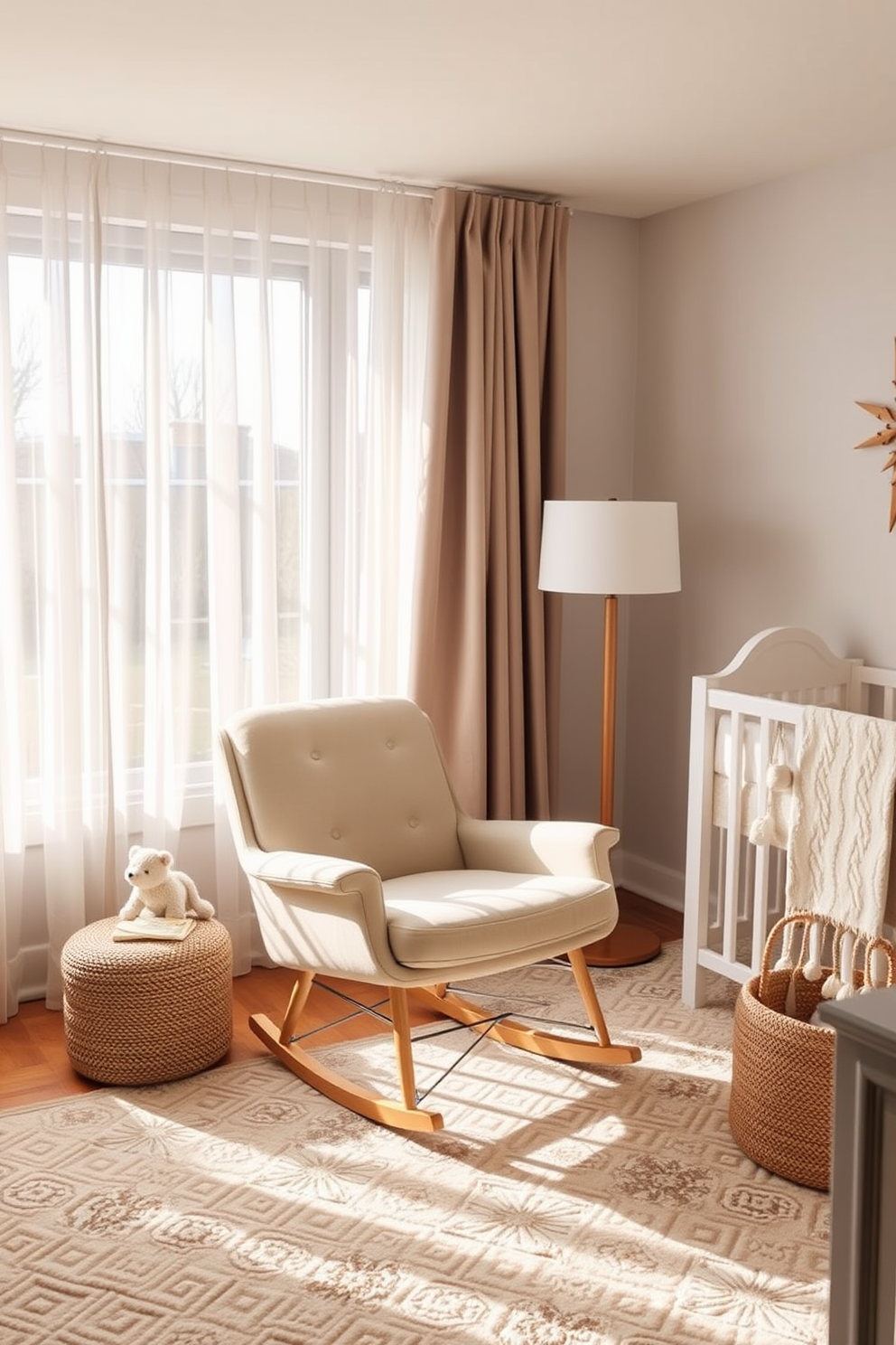 A cozy winter nursery featuring a comfortable rocking chair for parents. The chair is upholstered in soft, neutral fabric and positioned near a large window adorned with sheer curtains, allowing natural light to filter in.