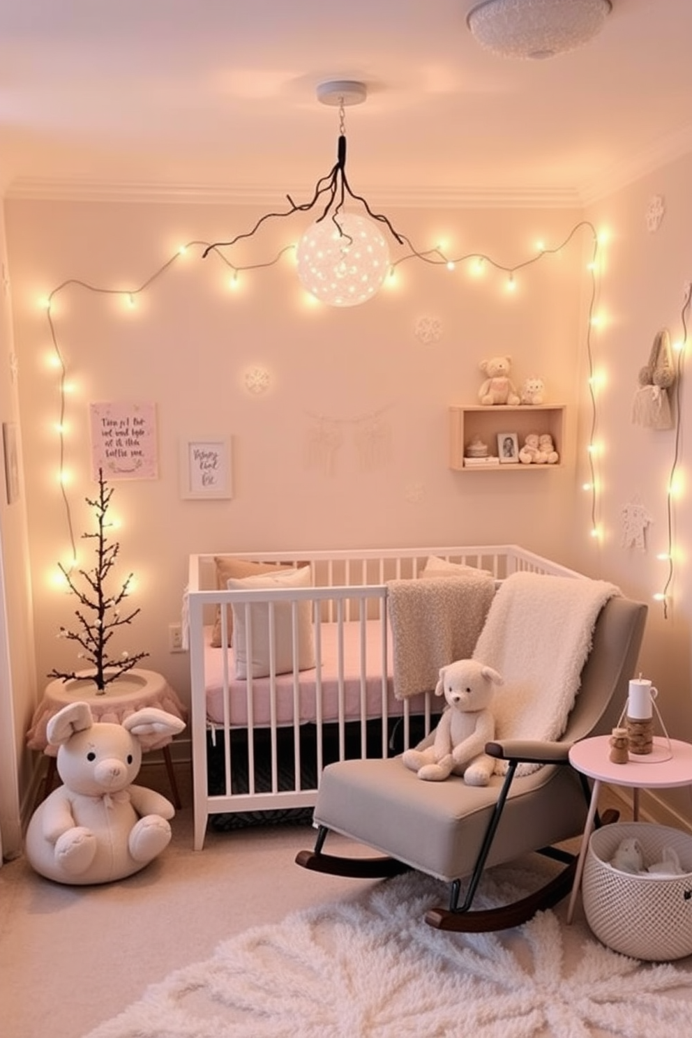 A cozy winter nursery filled with gentle night lights that create a warm and inviting atmosphere. Soft pastel colors adorn the walls, while plush toys and blankets add a touch of comfort and whimsy. Delicate string lights hang above the crib, casting a soothing glow throughout the room. A comfy rocking chair is positioned in the corner, accompanied by a small side table for late-night feedings.