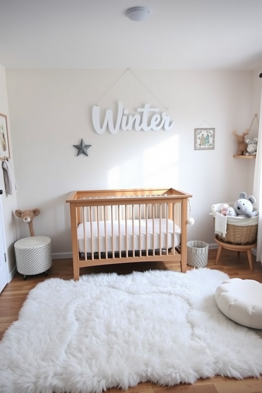 A cozy winter nursery adorned with handmade ornaments that bring a personal touch. Soft pastel colors dominate the walls, while a plush white rug covers the floor, creating a warm and inviting atmosphere. A beautifully crafted wooden crib is the centerpiece, surrounded by whimsical decorations and twinkling fairy lights. A hand-knit blanket drapes over the crib, and a mobile featuring handmade ornaments gently sways above.