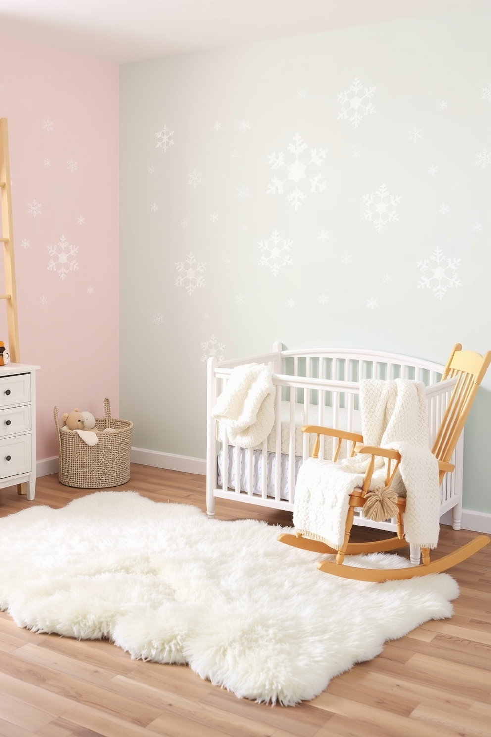 A cozy winter wonderland nursery filled with soft pastel colors. The walls are adorned with delicate wall decals of snowflakes and woodland animals, creating a serene atmosphere for the little one. The crib is draped with a fluffy white blanket and surrounded by plush toys. A soft rug in shades of blue and white adds warmth to the space, inviting play and comfort.