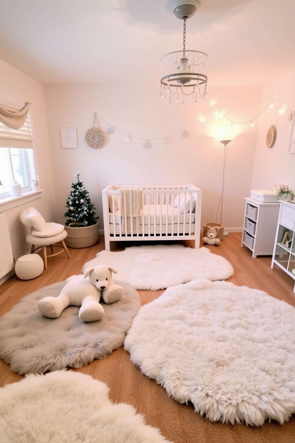 A cozy winter nursery filled with soft plush rugs that provide a comfortable playtime area for little ones. The walls are painted in a soothing pastel color, and the room features a whimsical theme with winter-themed decorations and plush toys.