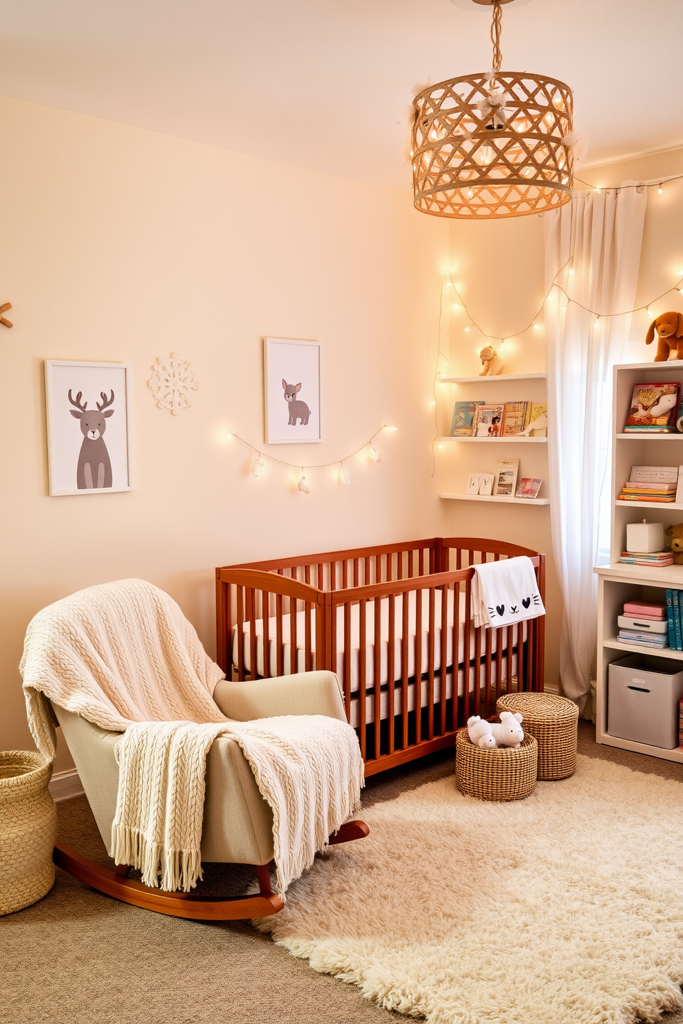 A cozy winter nursery filled with warm lighting that creates a soft and inviting atmosphere. The walls are painted in a gentle pastel shade, adorned with whimsical animal-themed wall art. A plush rocking chair sits in the corner, draped with a soft knitted blanket. A wooden crib with a fluffy white mattress is centered in the room, surrounded by shelves filled with children's books and toys.