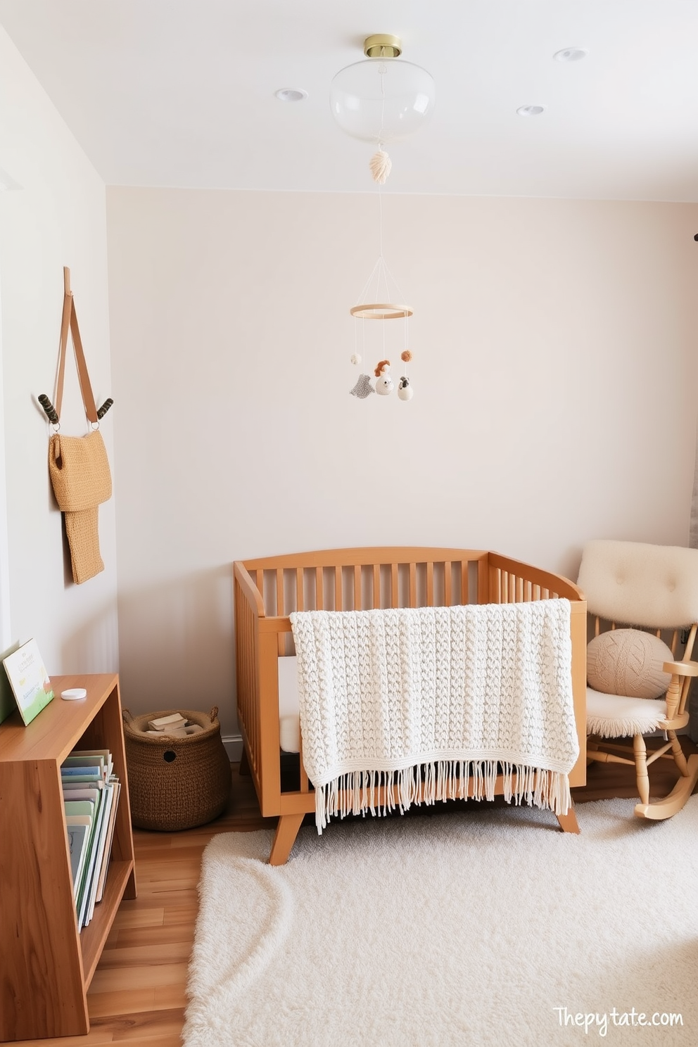 A cozy winter nursery featuring natural wood accents that create a warm and inviting atmosphere. The walls are painted in a soft pastel color, complemented by a wooden crib and a plush rocking chair in the corner. A knitted blanket drapes over the crib, while a handcrafted mobile hangs above it, adding a touch of whimsy. The floor is covered with a soft, neutral-toned rug, and a small wooden bookshelf holds an array of children's books and toys.