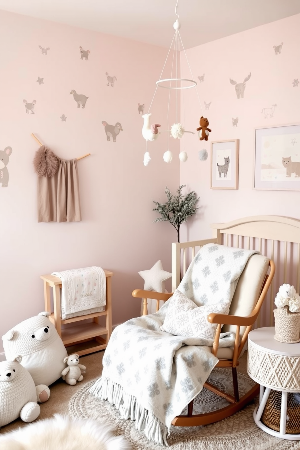 A cozy winter nursery adorned with natural wood accents creates a warm and inviting atmosphere. The walls are painted in a soft, pale blue, complemented by a wooden crib featuring a minimalist design. A plush area rug in neutral tones lies on the floor, providing comfort for playtime. Soft, fluffy blankets in muted colors are draped over the crib, enhancing the rustic charm of the space.