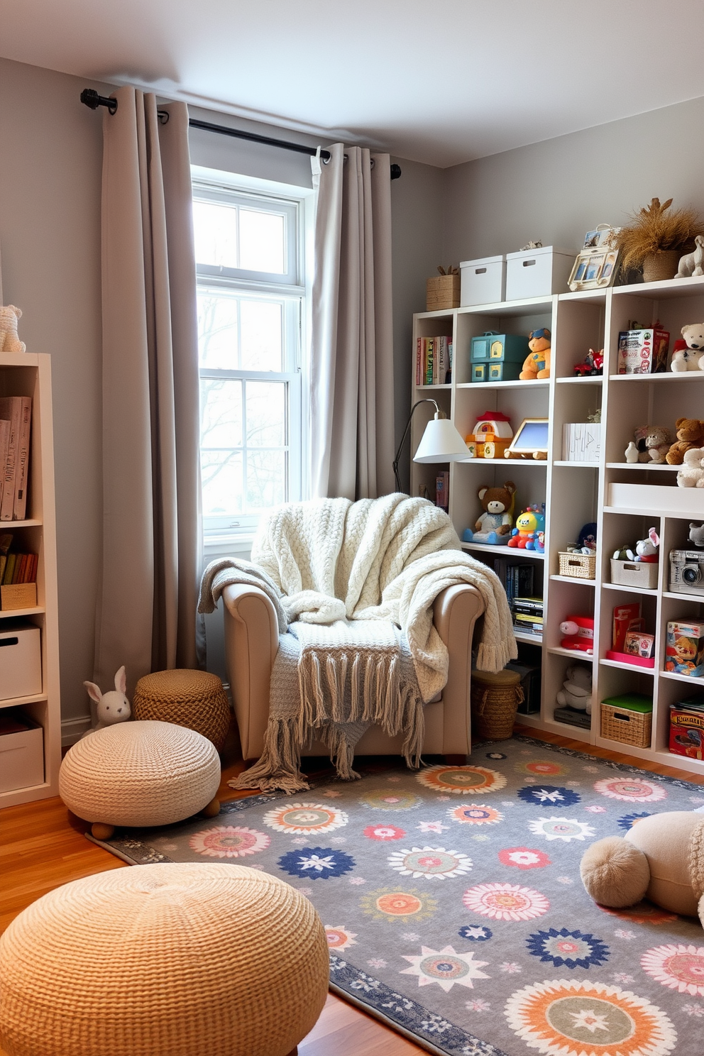 Cozy reading nook with winter blankets. A plush armchair is nestled in the corner by a window, draped with soft, knitted blankets in shades of cream and grey. Winter playroom decorating ideas. The space features a large, colorful rug with playful patterns, surrounded by shelves filled with toys and cozy seating areas for children to relax and play.