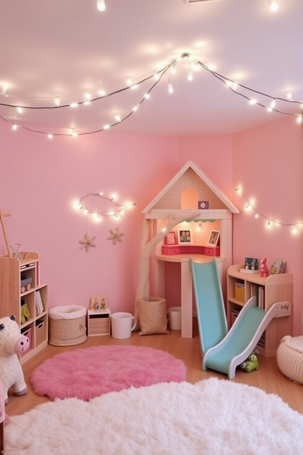 A cozy winter playroom filled with playful colors and textures. The walls are adorned with soft pastel hues, while plush rugs provide a warm surface for play. Twinkling fairy lights are draped across the ceiling, casting a magical glow throughout the room. A whimsical treehouse corner features a small slide and shelves filled with colorful toys and books.