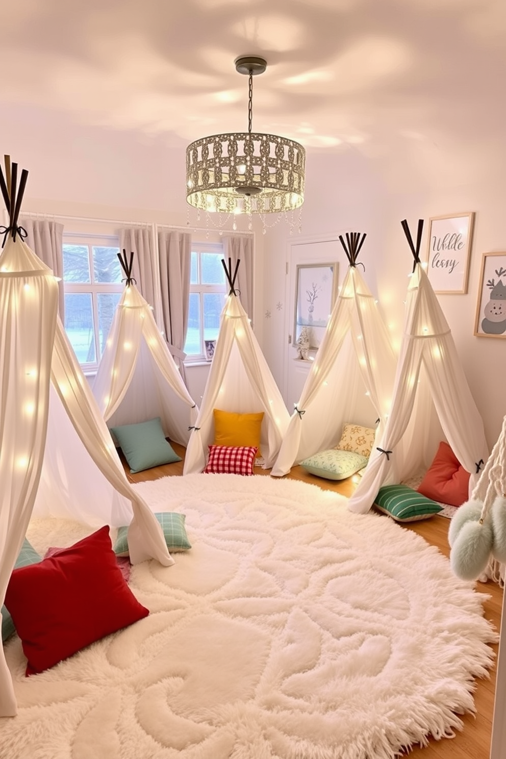 A cozy winter-themed playroom filled with whimsical play tents designed for imaginative adventures. The tents are adorned with soft white fabric and twinkling fairy lights, creating a magical atmosphere for children to explore. The room features a plush white rug that mimics snow, with colorful cushions scattered around for comfort. Frosted window decals and winter-themed wall art add to the enchanting decor, making it a perfect space for creative play.