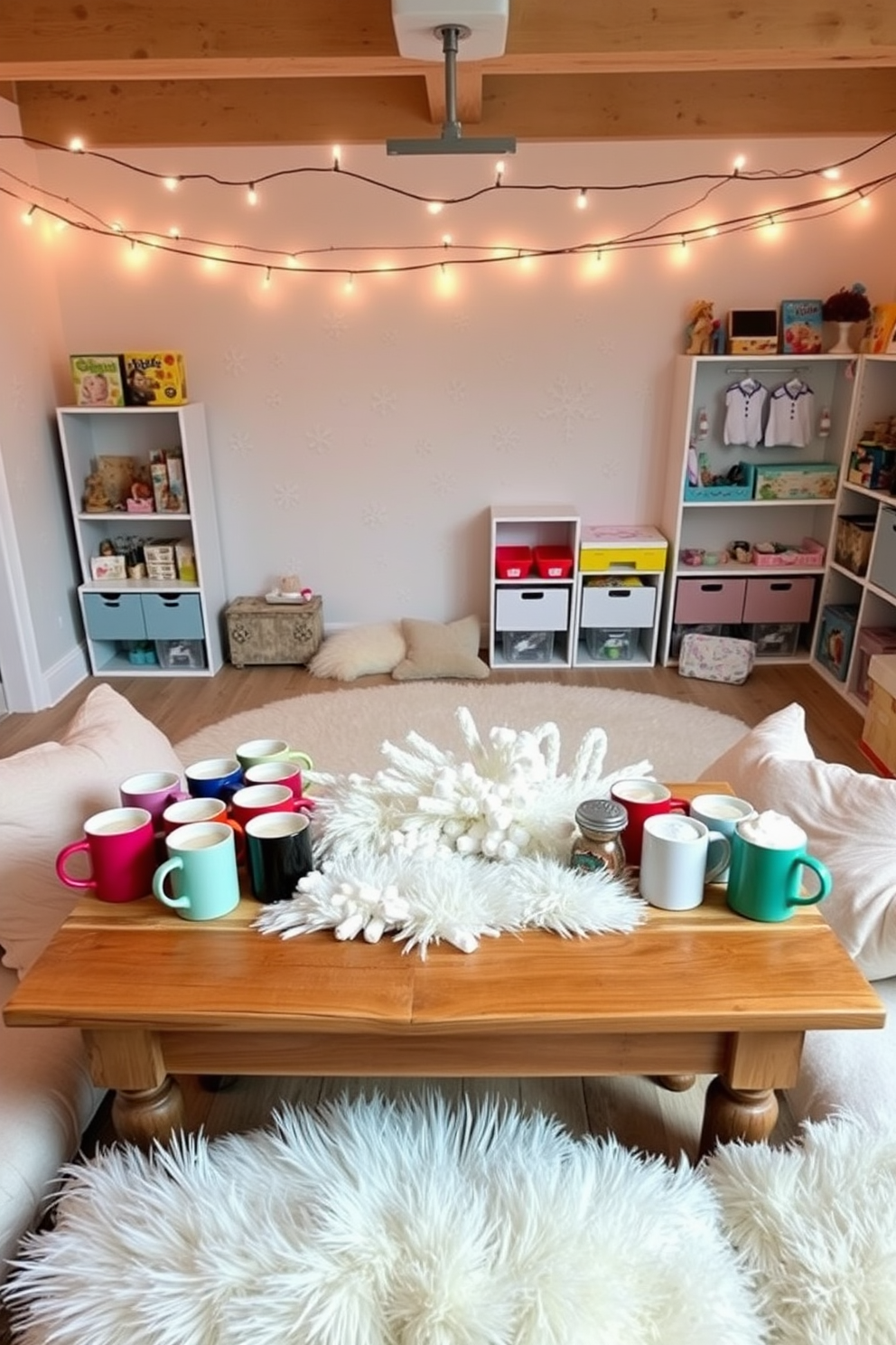 A cozy hot cocoa station is set up on a rustic wooden table, featuring an assortment of colorful mugs and a selection of toppings like marshmallows and whipped cream. Soft fairy lights are strung above, creating a warm and inviting atmosphere perfect for winter gatherings. The winter playroom is decorated with a playful theme, showcasing a large, plush rug in the center surrounded by soft cushions. Walls are adorned with snowflake decals and shelves filled with winter-themed toys and games, inviting creativity and fun.