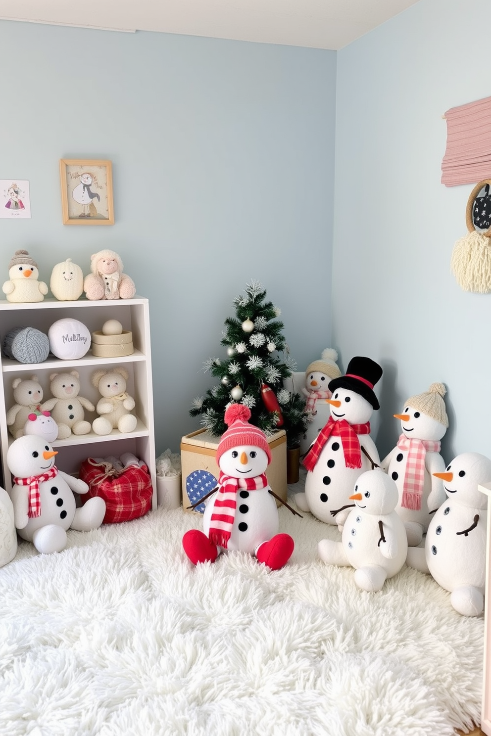 A cozy winter playroom filled with soft textures and playful colors. Snowman plush toys are scattered around the room, inviting children to cuddle and play. The walls are painted in a light blue hue, reminiscent of a winter sky. A fluffy white rug covers the floor, providing a warm space for kids to sit and enjoy their snowman-themed decor.