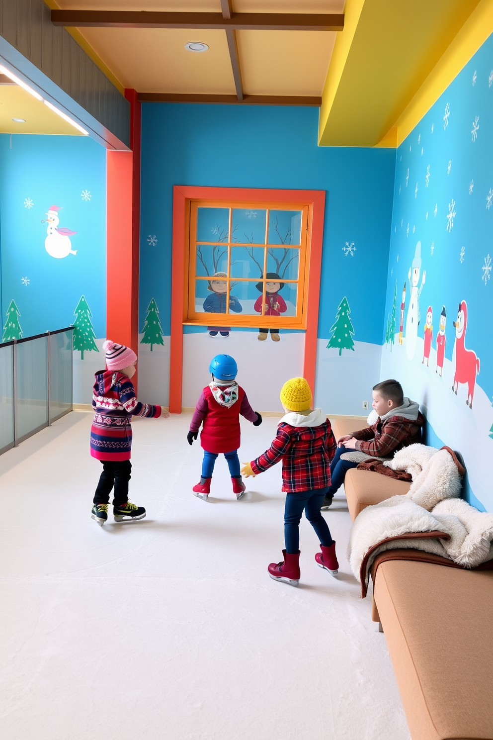 A cozy winter playroom designed for ice skating activities. The space features a soft padded mat covering the floor, creating a safe area for children to skate and play. Brightly colored walls adorned with winter-themed artwork enhance the festive atmosphere. Plush seating areas with warm blankets invite families to relax and enjoy the winter fun.