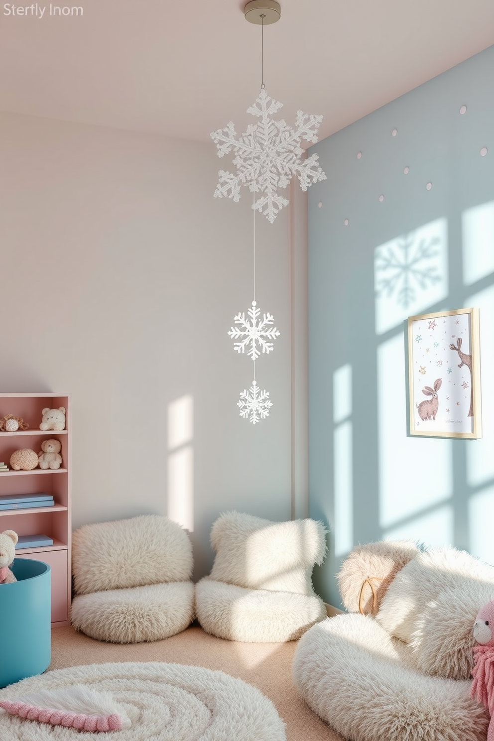 A whimsical winter playroom filled with soft pastel colors and cozy textures. The centerpiece is a beautiful snowflake mobile hanging from the ceiling, casting delicate shadows on the walls. The walls are adorned with playful winter-themed artwork that sparks imagination. Plush seating areas with fluffy cushions invite children to relax and play in this enchanting space.