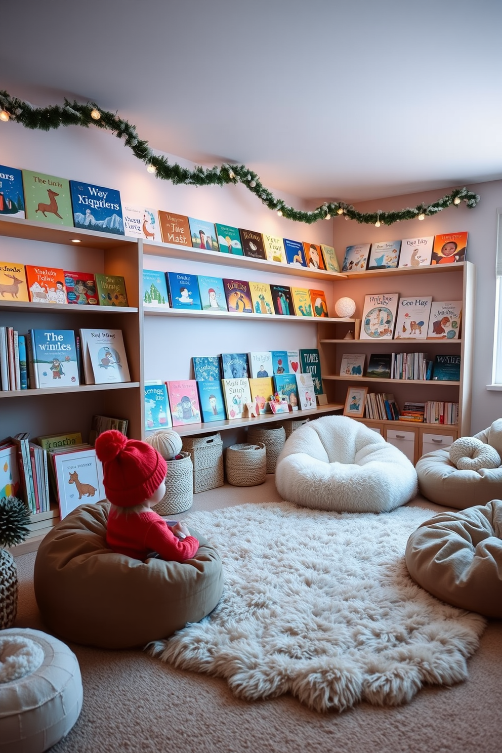 A cozy winter playroom filled with soft textures and warm lighting. Shelves are lined with colorful winter storybooks, inviting children to explore their imagination. The walls are painted in a soft pastel hue, creating a calming atmosphere. Plush rugs and bean bags provide comfortable seating for playtime and reading.