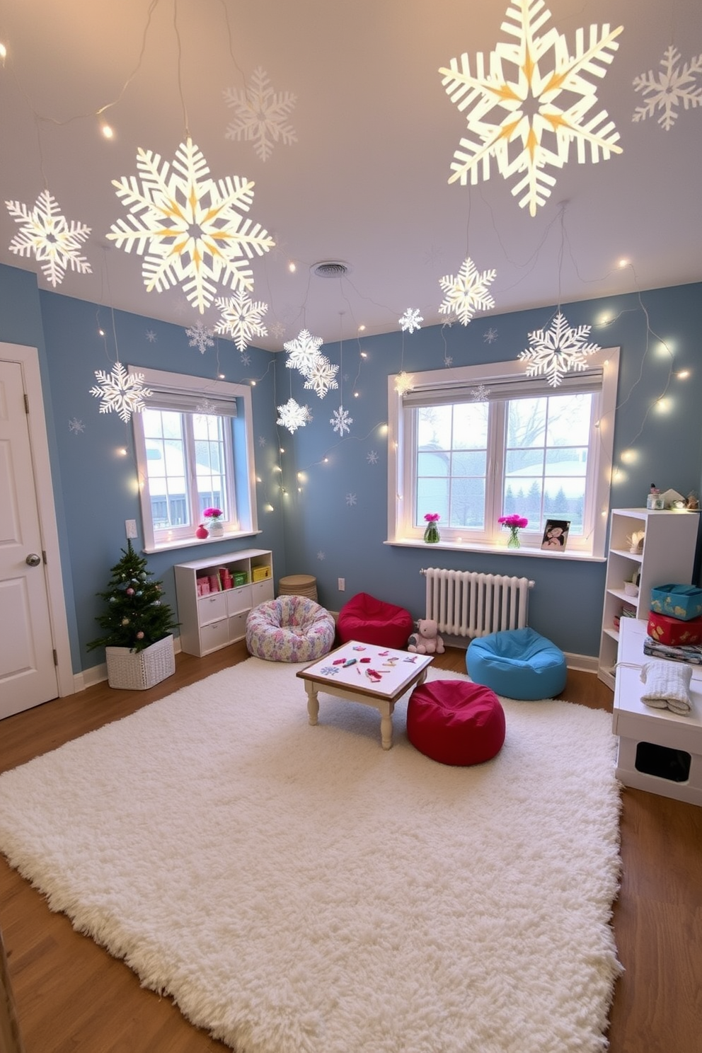 A cozy winter playroom filled with DIY snowflakes hanging from the ceiling creates a magical atmosphere. The walls are painted in soft blue, and a plush white rug covers the floor, inviting children to play. Colorful bean bags and a small table for arts and crafts are arranged in the center of the room. String lights twinkle around the windows, enhancing the festive feel of the space.