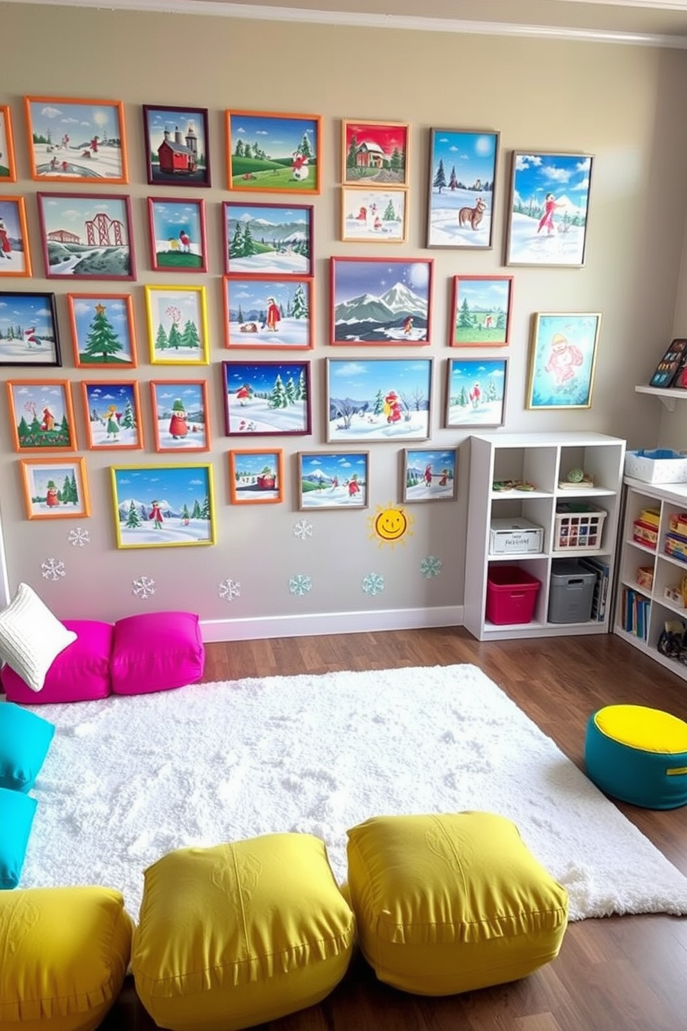 A vibrant winter-themed wall art gallery filled with colorful paintings depicting snowy landscapes and playful winter scenes. The gallery features a mix of framed art in various sizes, arranged in a visually pleasing layout on a light gray wall. A cozy winter playroom designed for children, with soft, plush seating in bright colors and a large area rug resembling a snowy field. The walls are adorned with playful winter-themed decals, and shelves are filled with toys and books for winter-themed activities.