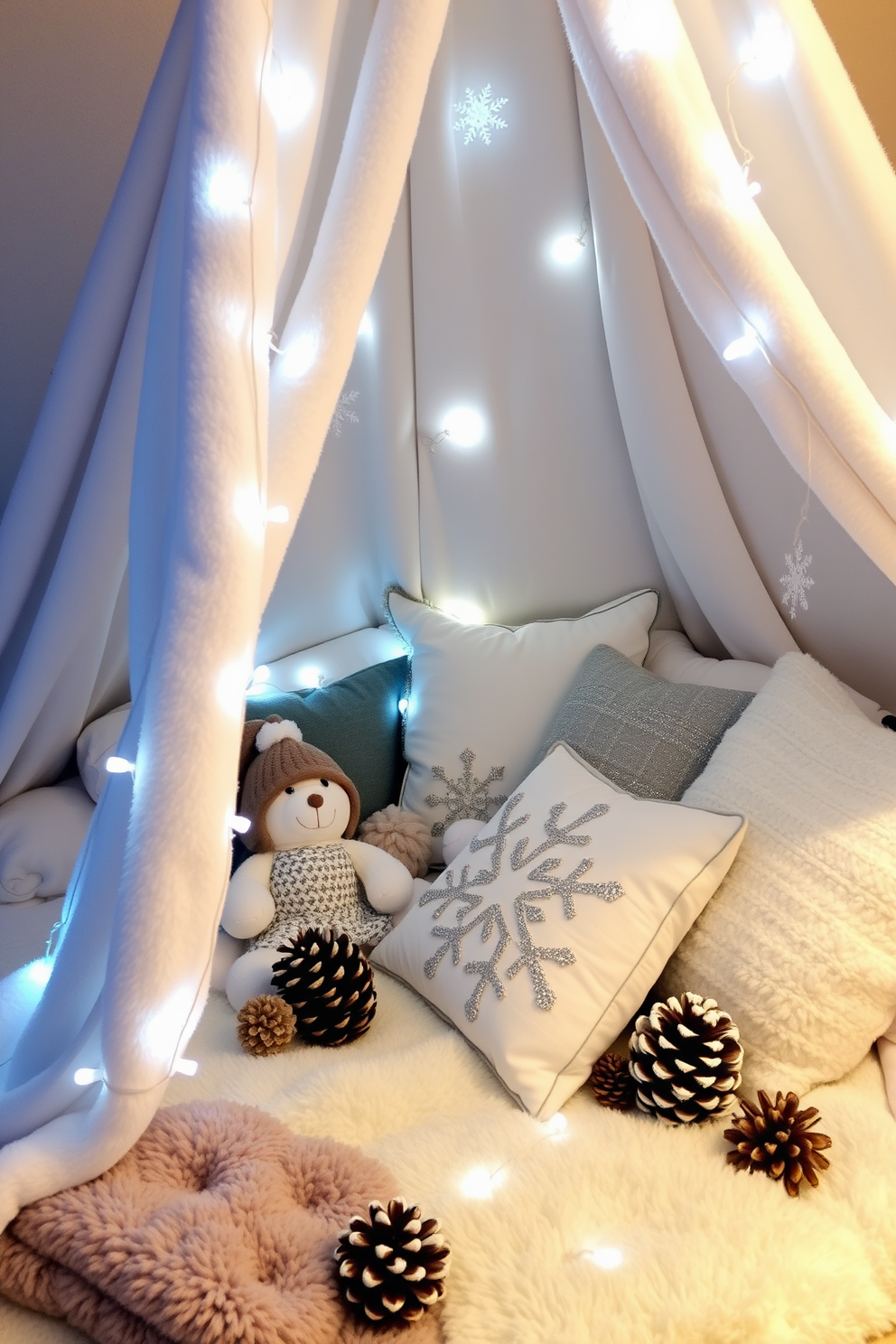 Create a cozy pillow fort adorned with winter motifs. Use soft blankets and cushions in shades of white, blue, and silver to evoke a snowy atmosphere. Incorporate twinkling fairy lights and plush toys to enhance the whimsical feel. Add decorative elements like snowflakes and pinecones to bring the winter theme to life.