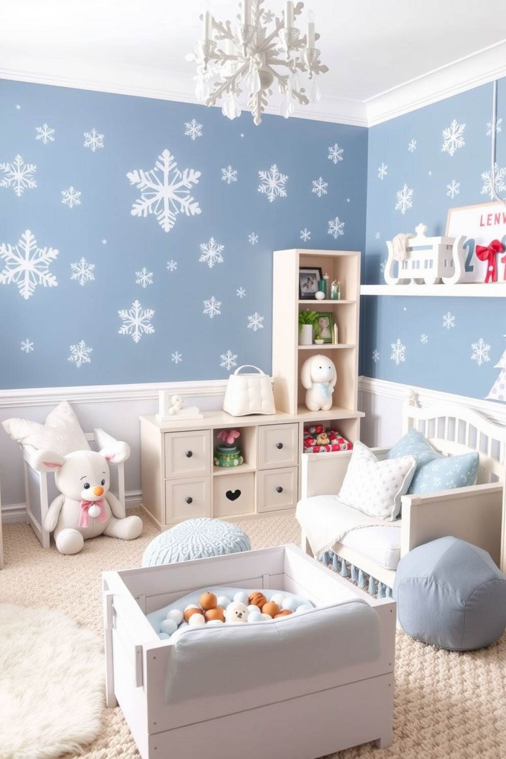 Create a whimsical winter playroom featuring snowflake wall decals that bring a playful and enchanting atmosphere. The room is filled with soft, cozy furnishings in shades of blue and white, inviting children to play and explore.