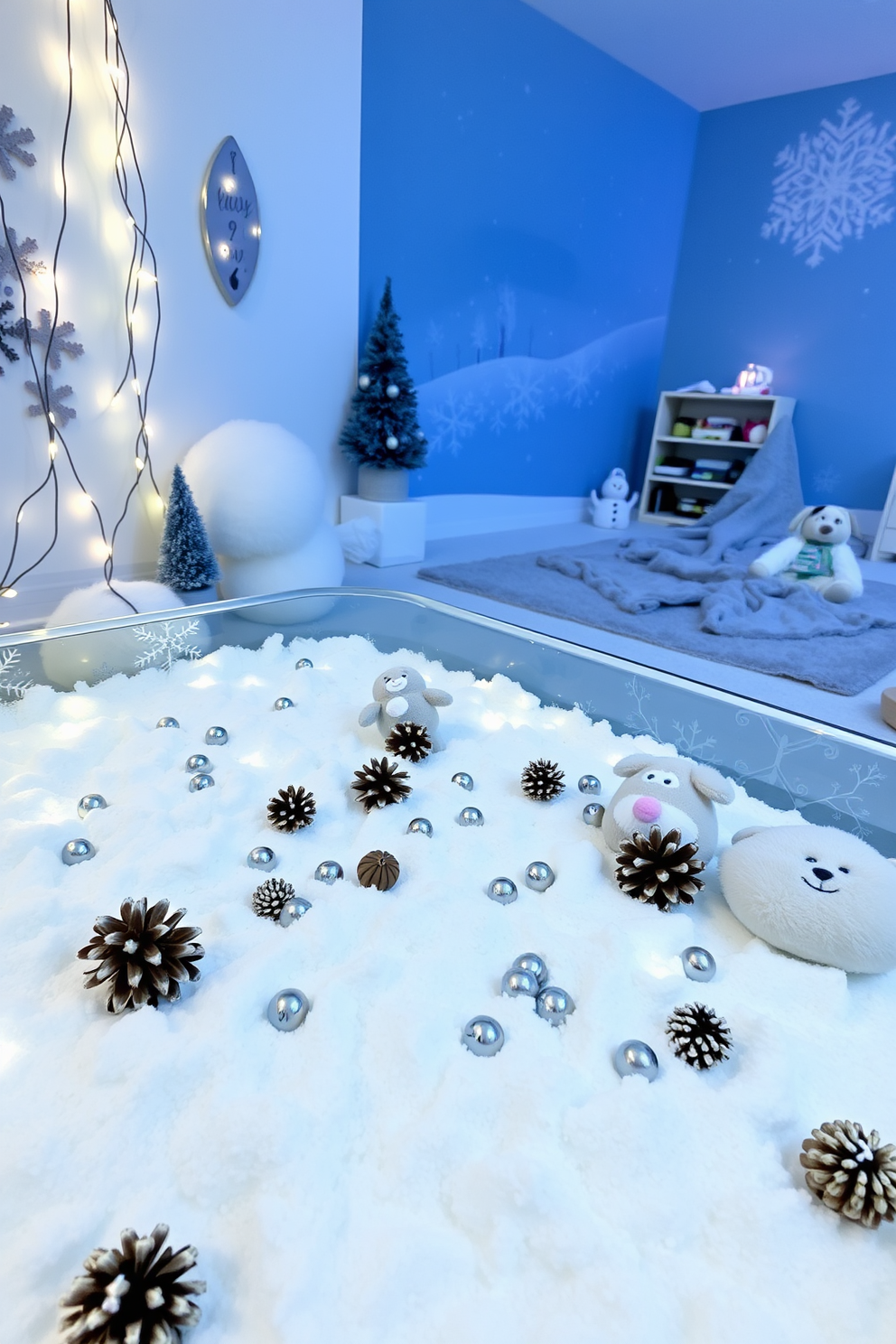 A winter-themed sensory bin filled with white faux snow and various textured items like pinecones, silver bells, and soft plush animals. The bin is surrounded by twinkling fairy lights and winter-themed decorations, creating a magical atmosphere for children to explore. A cozy winter playroom decorated with soft blue and white color palettes, featuring a large snowflake mural on one wall. Plush seating areas with fluffy blankets and a variety of winter-themed toys invite imaginative play and relaxation.