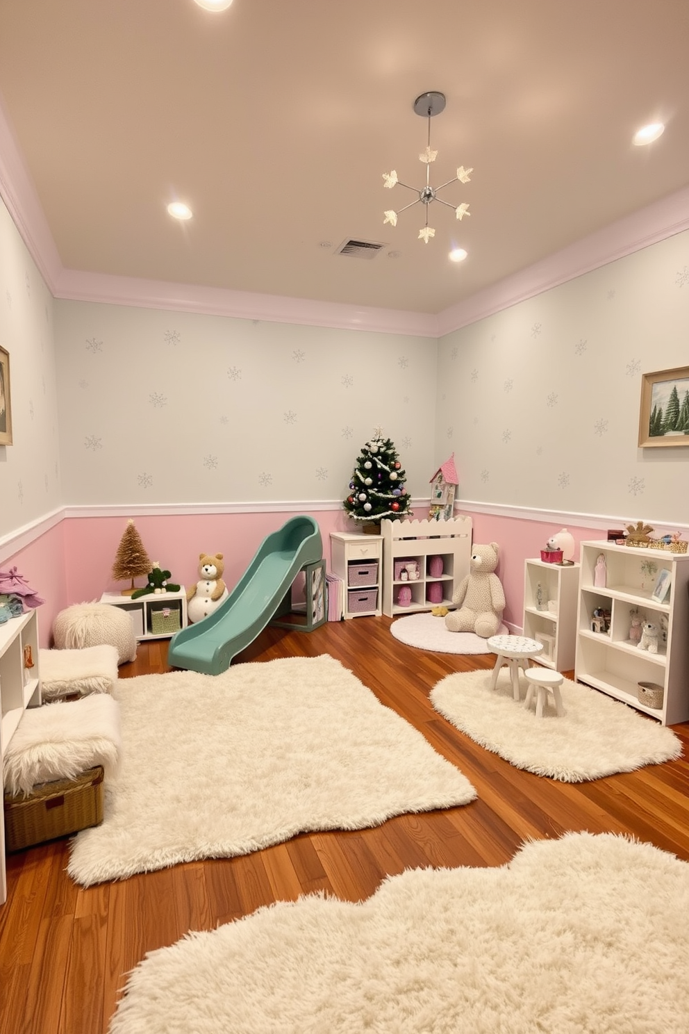 A cozy winter playroom designed for children. The walls are painted in soft pastel colors with snowflake decals, and plush rugs cover the wooden floor for warmth. A faux snow effect creates a magical winter wonderland atmosphere. The room features a small indoor slide and a play area filled with winter-themed toys and decorations.