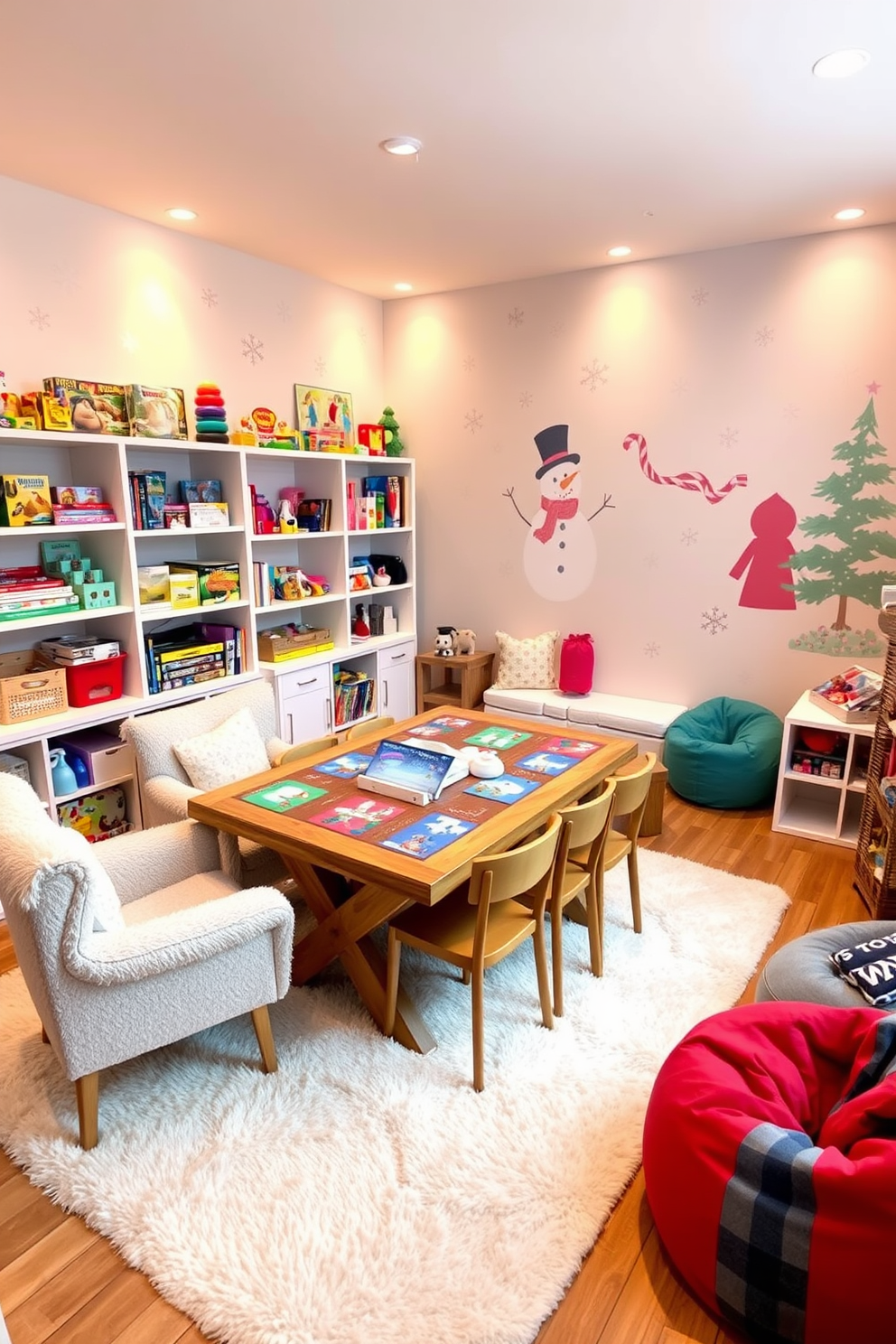 A cozy winter-themed puzzles and games corner featuring a large wooden table surrounded by plush chairs. The walls are adorned with snowflake decals and soft, warm lighting creates an inviting atmosphere. A winter playroom decorated with a whimsical snowman mural and a soft, fluffy area rug. Shelves are filled with colorful toys and games, while a small reading nook with bean bags provides a perfect spot for kids to relax.