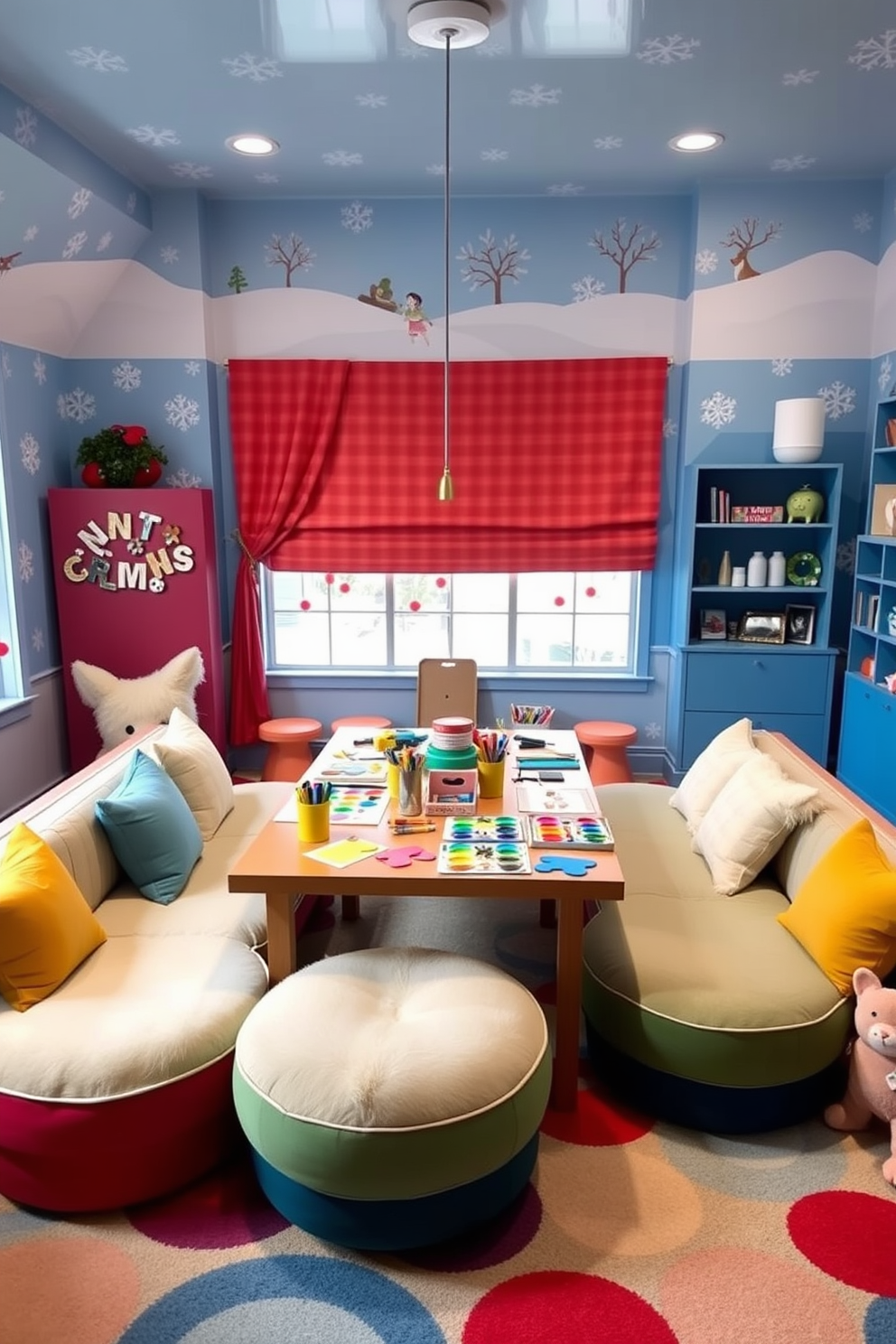 A cozy winter playroom filled with vibrant colors and playful decor. The walls are adorned with whimsical murals of snowflakes and winter scenes, creating an inviting atmosphere for children. In the center, a large table is set up for arts and crafts, covered with colorful supplies like paints, markers, and paper. Soft, plush seating surrounds the table, providing comfort and a fun space for creativity.