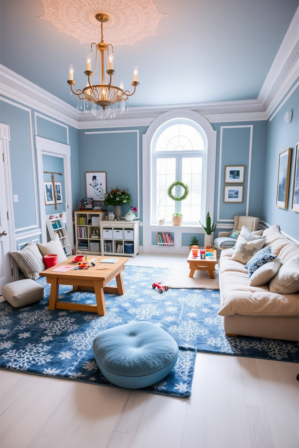 A cozy winter playroom filled with warmth and joy. The walls are painted in a soft blue hue, complemented by white trim and accents throughout the space. Brightly colored rugs in shades of blue and white cover the floor, creating a playful atmosphere. A large, plush sofa in a warm cream color is surrounded by oversized cushions in various patterns and textures. In one corner, a wooden play table is set up with art supplies and toys, inviting creativity. Soft, ambient lighting from a stylish chandelier adds to the inviting feel of the room. Decorative elements include framed winter-themed artwork and a few potted plants for a touch of nature. A cozy reading nook with a small bookshelf is nestled by the window, filled with children's books and plush seating.