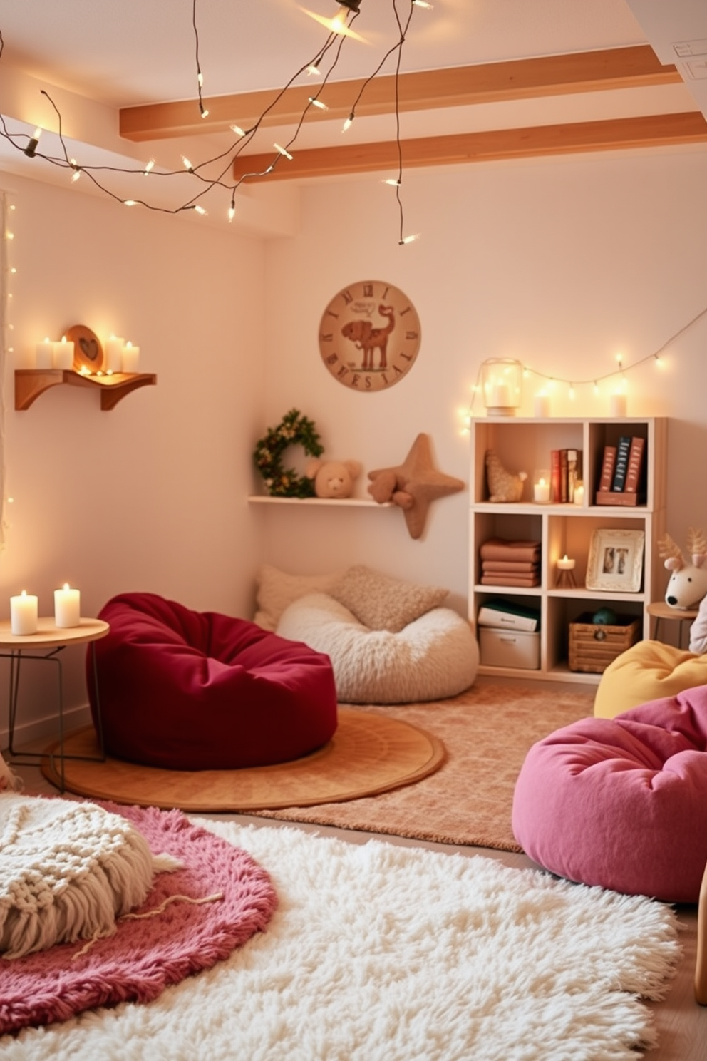 A cozy winter playroom filled with soft textures and warm colors. Plush rugs cover the floor, and colorful bean bags are scattered around for seating. Scented candles are placed strategically on shelves and tables to create a soothing ambiance. Twinkling fairy lights hang from the ceiling, adding a magical touch to the space.