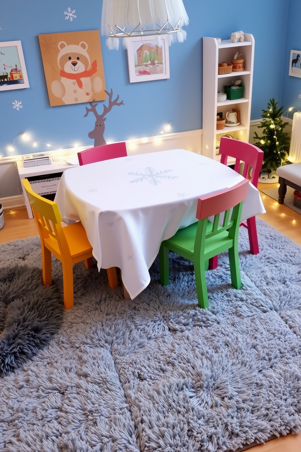 A cozy winter-themed playroom features a charming table adorned with a soft white tablecloth featuring delicate snowflake patterns. Surrounding the table are colorful chairs that invite children to gather and enjoy seasonal crafts and games. The walls of the playroom are painted in a cool blue hue, reminiscent of a winter sky, with cheerful artwork depicting winter scenes. Plush rugs in shades of gray and white add warmth to the space, while twinkling fairy lights create a magical atmosphere.