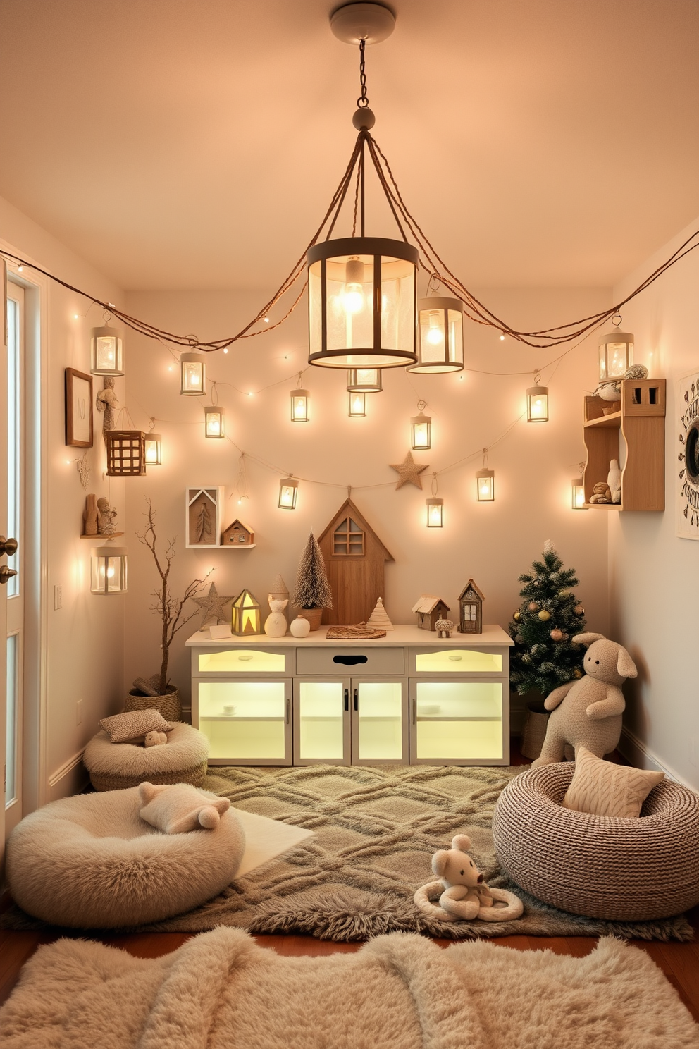 A cozy winter playroom filled with decorative lanterns that emit a warm, soft glow. The walls are painted in a cheerful pastel color, and plush rugs cover the floor to create a comfortable space for children to play.