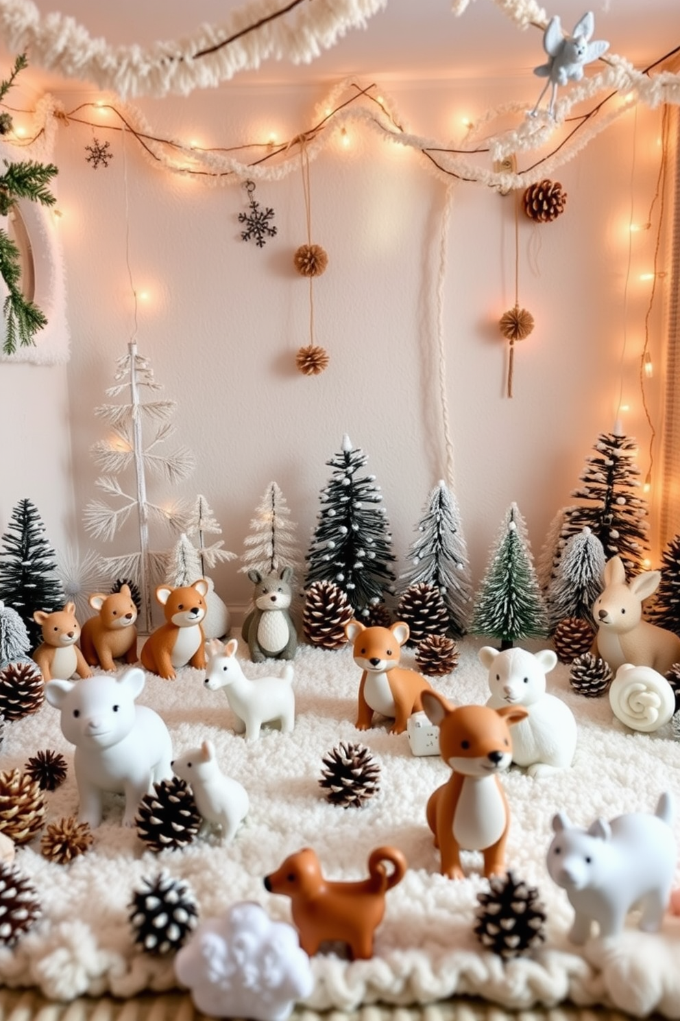 Create a cozy winter playroom filled with playful animal figurines. Incorporate soft textures and warm lighting to enhance the inviting atmosphere. Include a variety of winter-themed decorations such as snowflakes and pinecones. Use a color palette of soft blues, whites, and earthy tones to create a harmonious design.