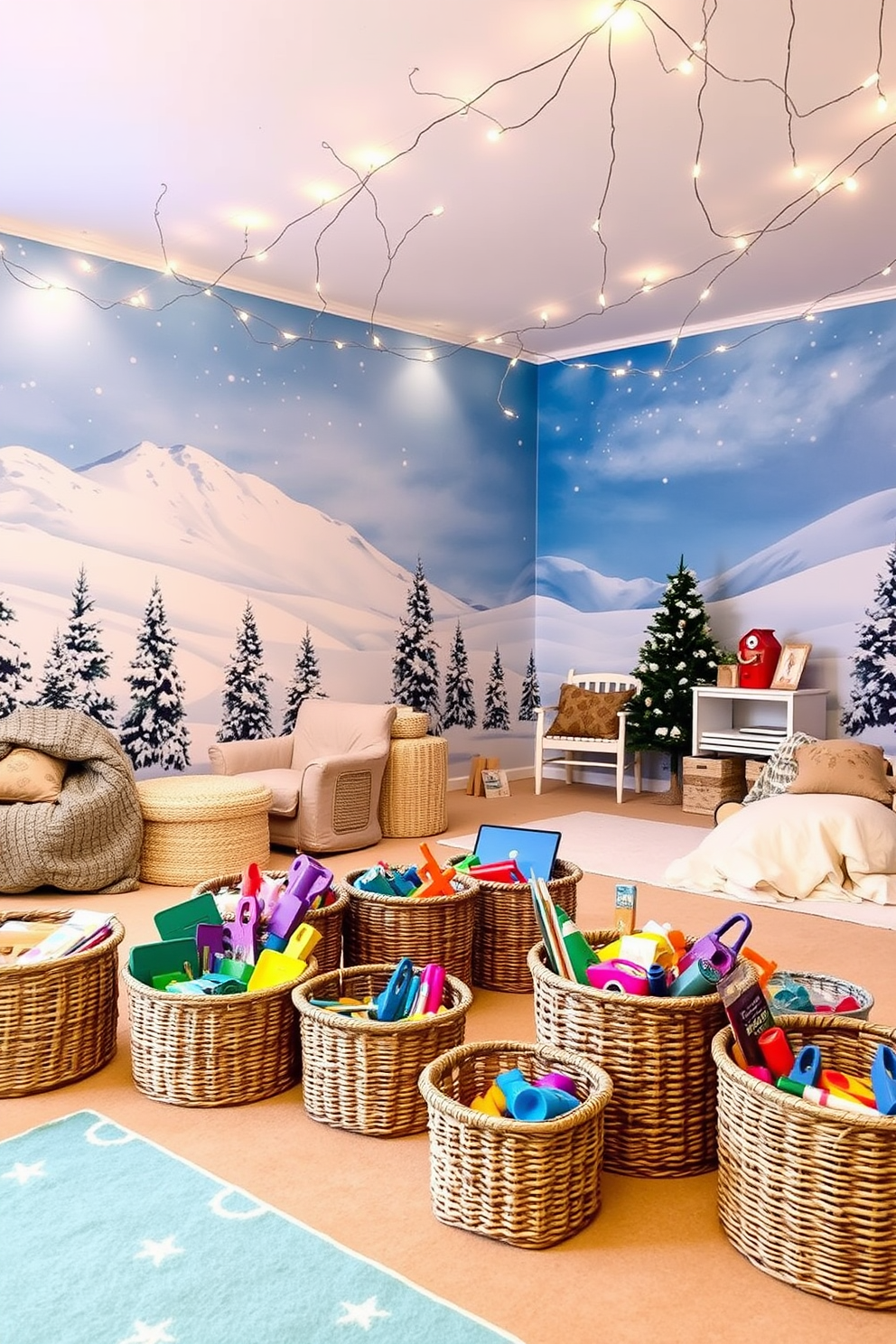 A snowy landscape mural serves as a stunning backdrop for a winter-themed playroom. The room is filled with cozy seating, soft blankets, and playful decor that captures the essence of a winter wonderland. Brightly colored toys and art supplies are neatly arranged in woven baskets to encourage creativity and play. Twinkling fairy lights are draped across the ceiling, adding a magical touch to the winter playroom atmosphere.