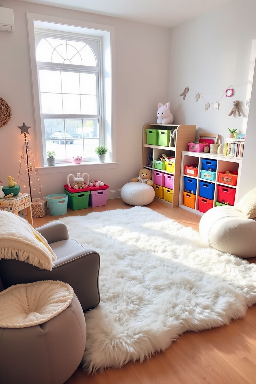 A cozy winter playroom featuring a soft faux fur rug that adds warmth to the space. The walls are painted in a light pastel color, and colorful storage bins are neatly arranged to hold toys and games. A large window allows natural light to flood the room, creating a cheerful atmosphere. Plush seating options and whimsical decor elements enhance the playful vibe of the playroom.