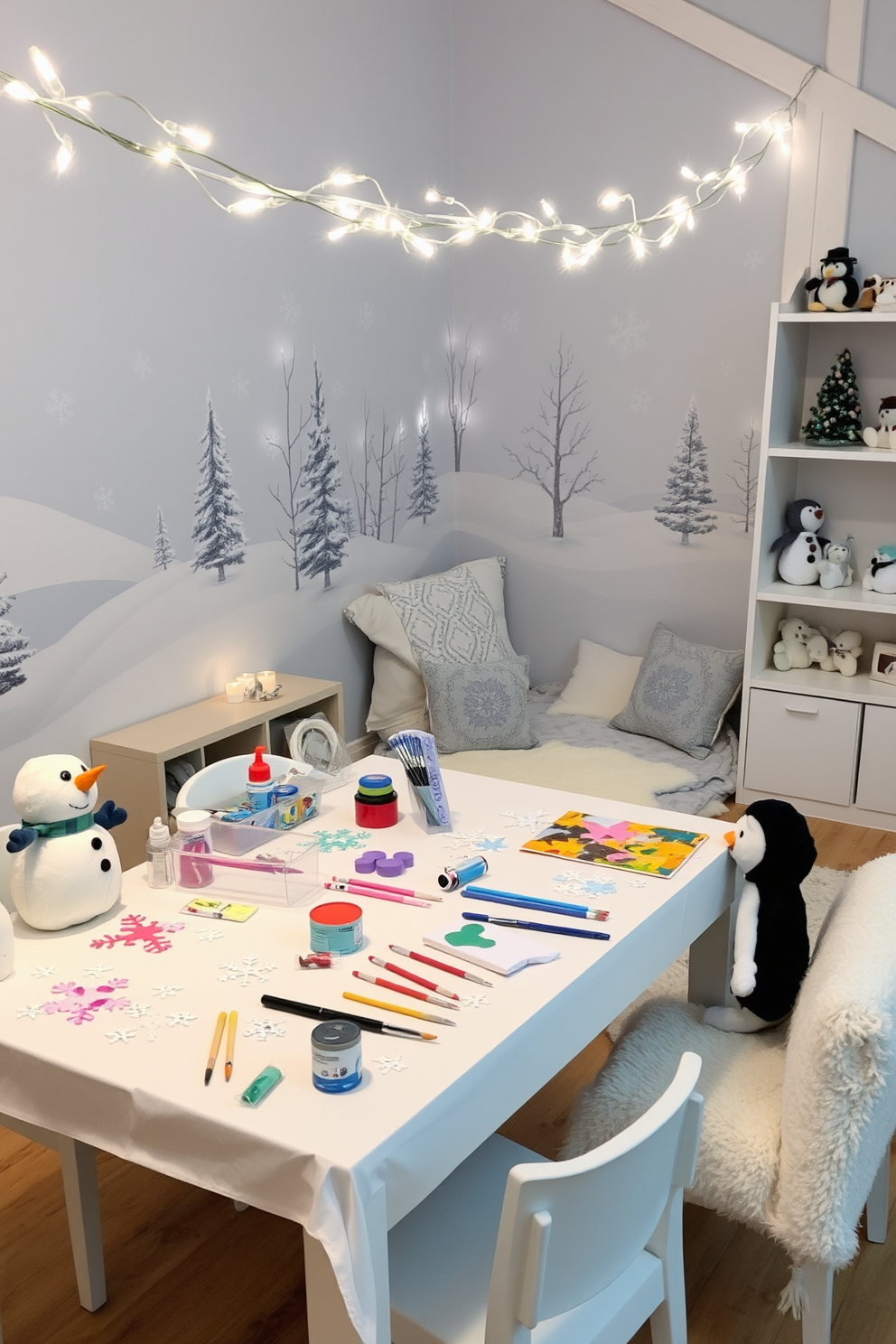 A cozy winter-themed art and crafts station. The table is covered in white paper with various art supplies scattered around, including paints, brushes, and glitter. Soft white fairy lights are draped above the table, creating a warm and inviting atmosphere. A collection of finished crafts, such as snowflakes and holiday decorations, is displayed on nearby shelves. A playful winter playroom decorated with soft blue and white tones. Plush snowman and penguin toys are scattered around, inviting children to engage in imaginative play. The walls feature murals of snowy landscapes and frosty trees, enhancing the winter wonderland theme. A comfortable reading nook with cozy blankets and pillows is tucked into one corner for quiet moments.