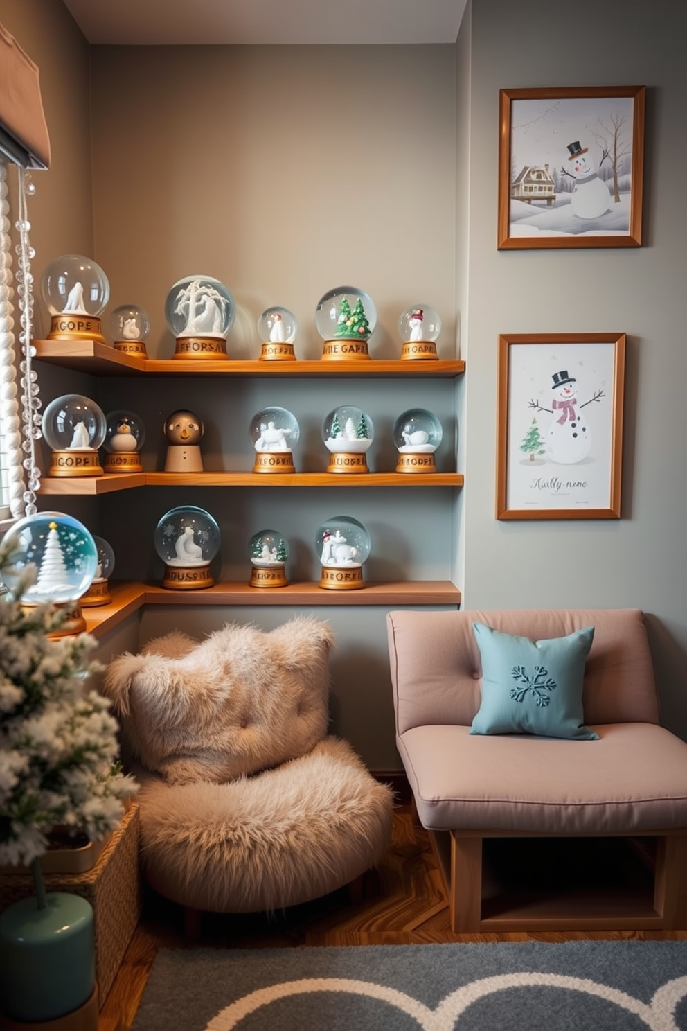 A cozy winter playroom filled with decorative snow globes displayed on wooden shelves. The room features soft, plush seating and whimsical winter-themed artwork adorning the walls.